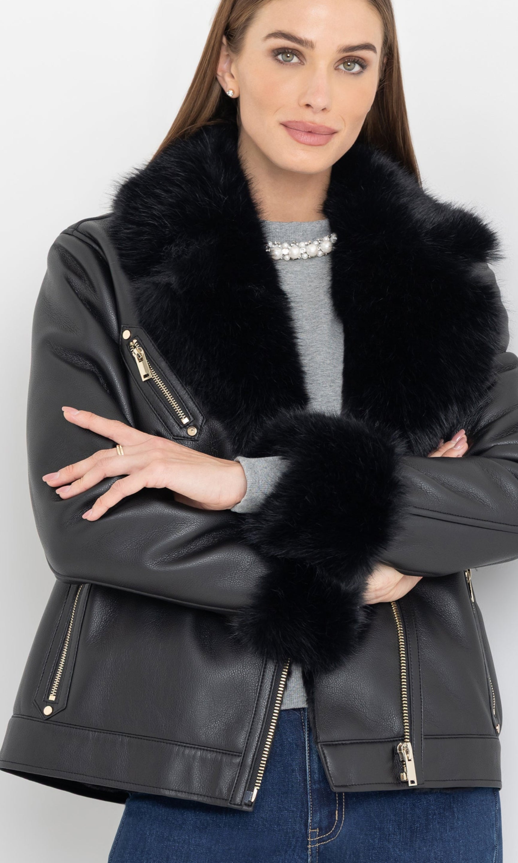 Angled front view highlighting the plush faux shearling trim on the jacket.