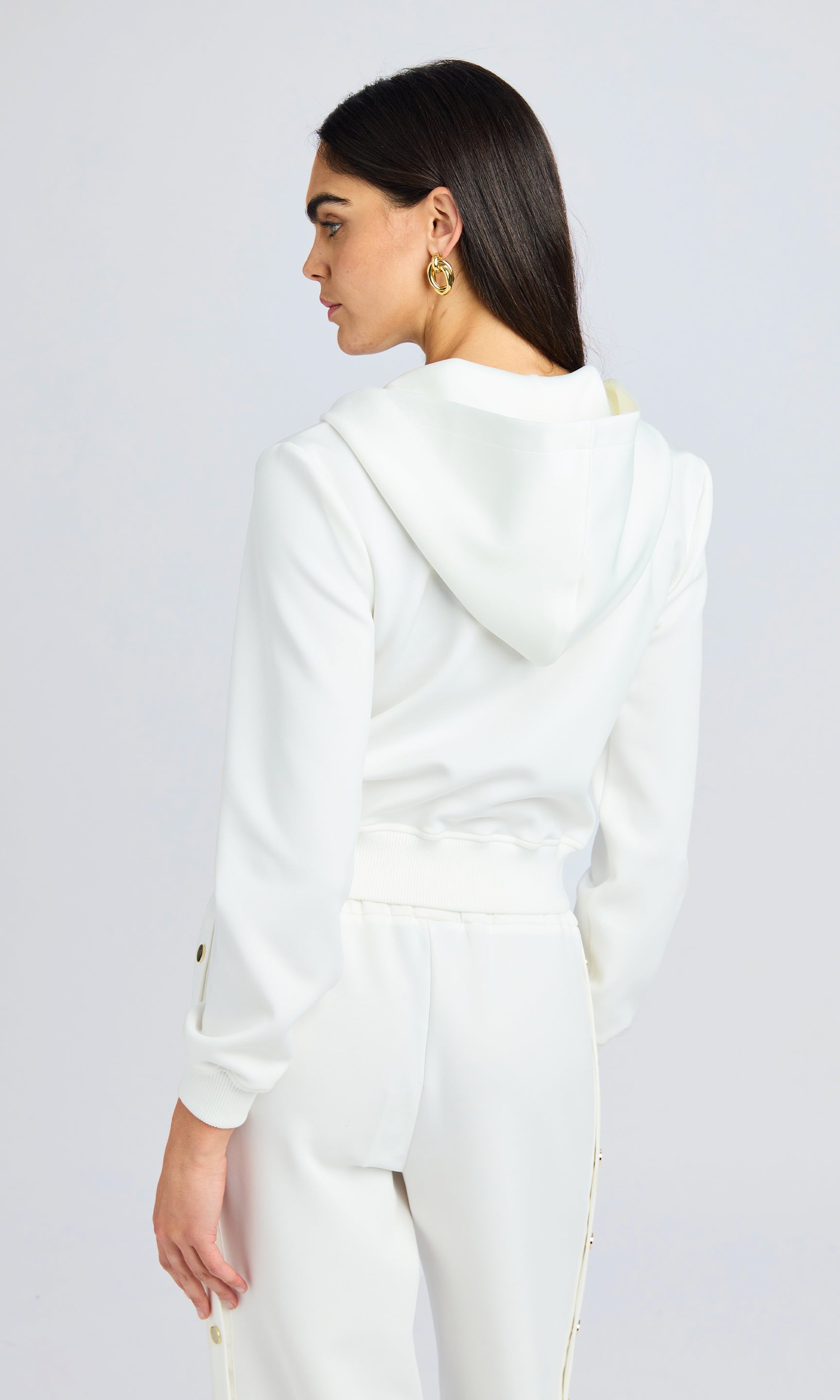 rear view of white scuba fabric zip up hoodie