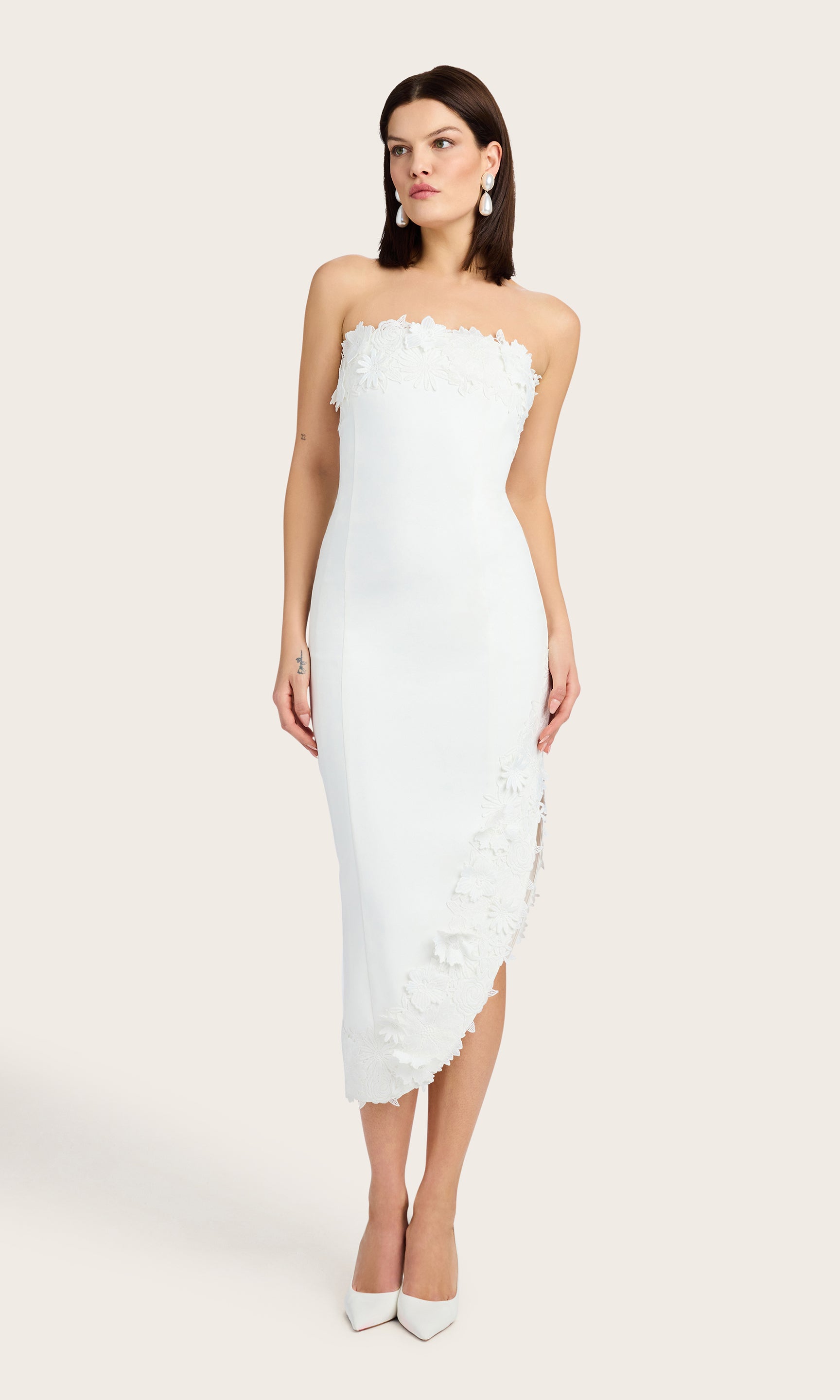 Front-facing view of the Zun Lace Combo Dress with hands by sides, emphasizing clean structure.