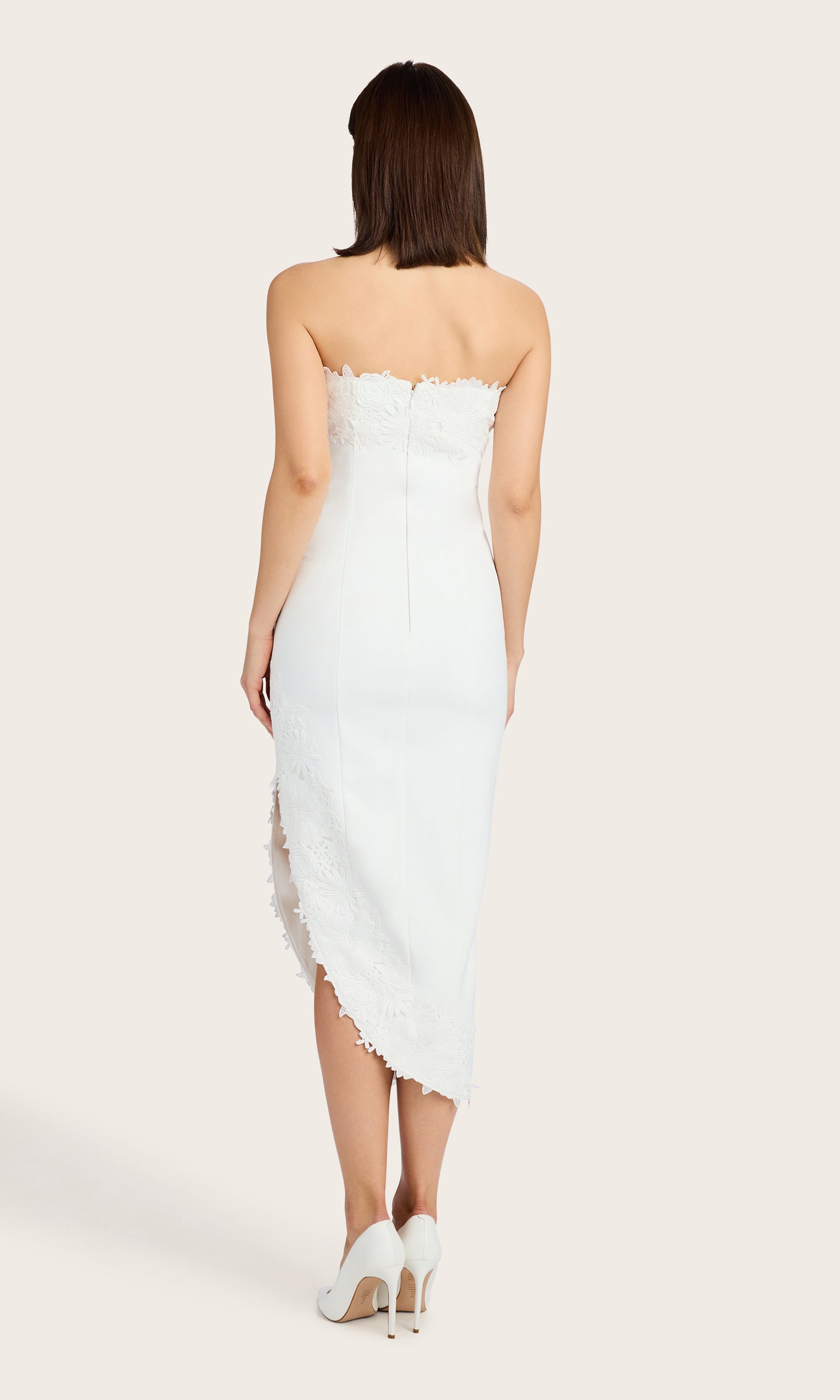 Rear view of the Zun Lace Combo Dress with zipper closure and clean back seam.