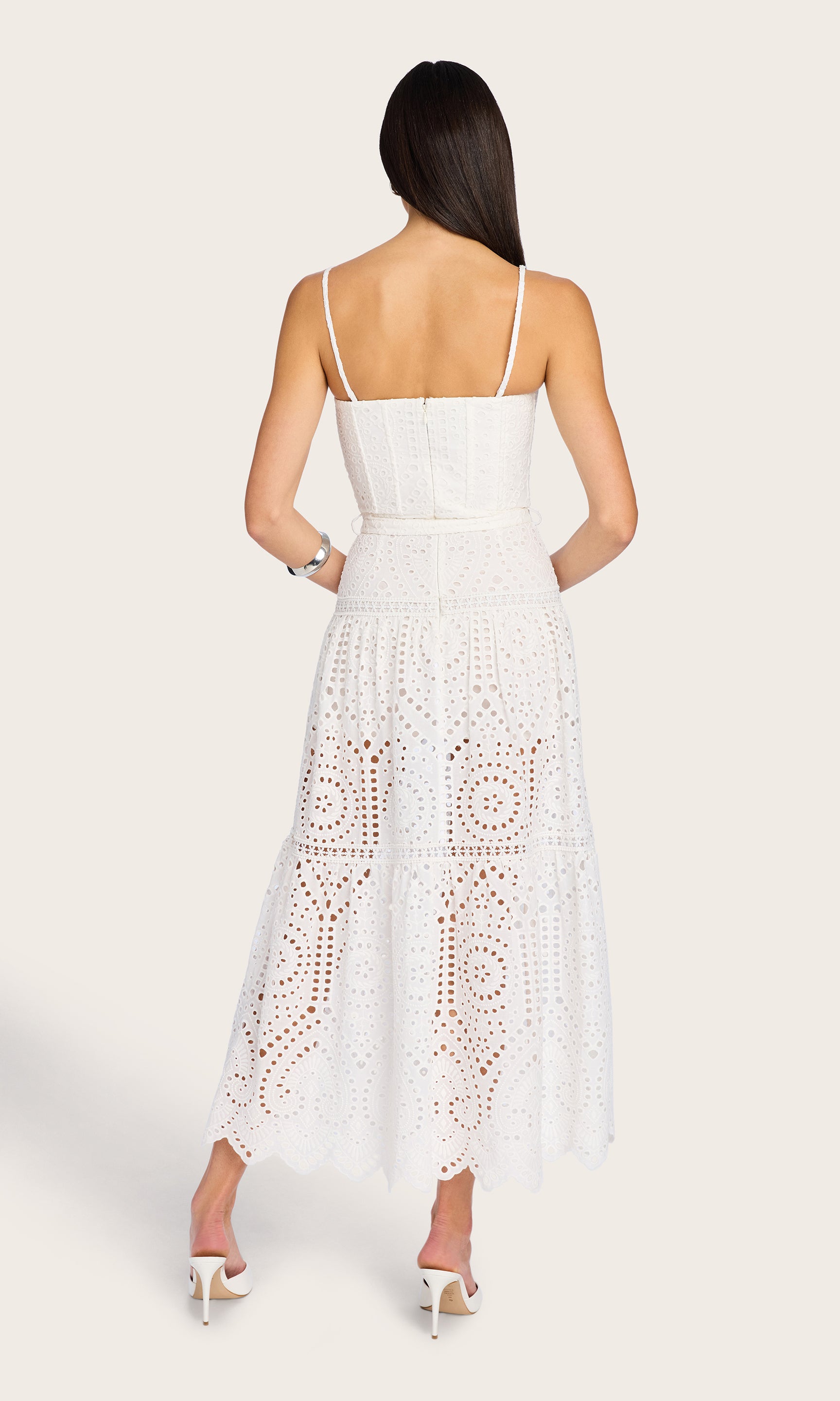 Rear full body view of the Zuria Cotton Eyelet Maxi Dress revealing the back design and soft flow of the skirt