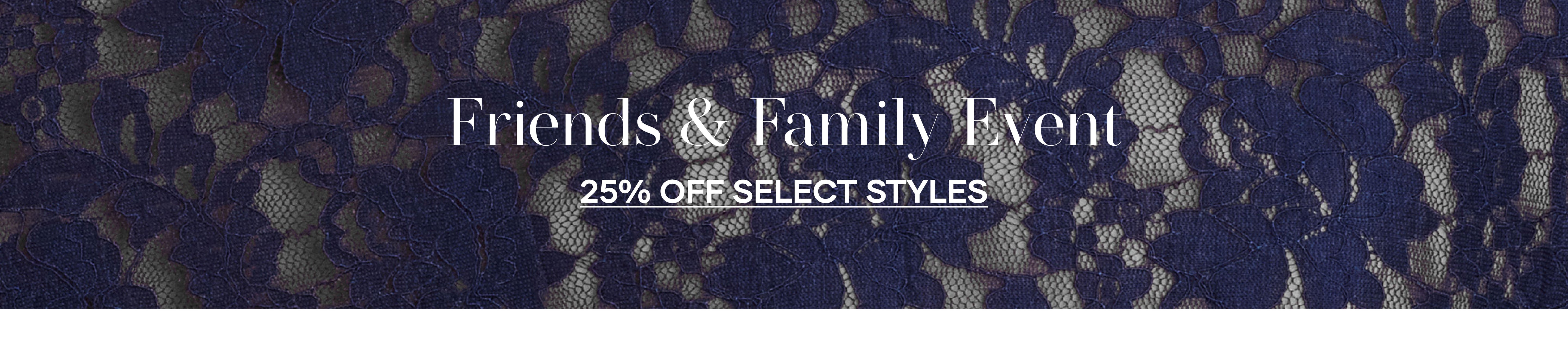 Promotional banner for a 'Friends & Family Event' with a 25% discount on select styles, featuring a camouflage pattern.