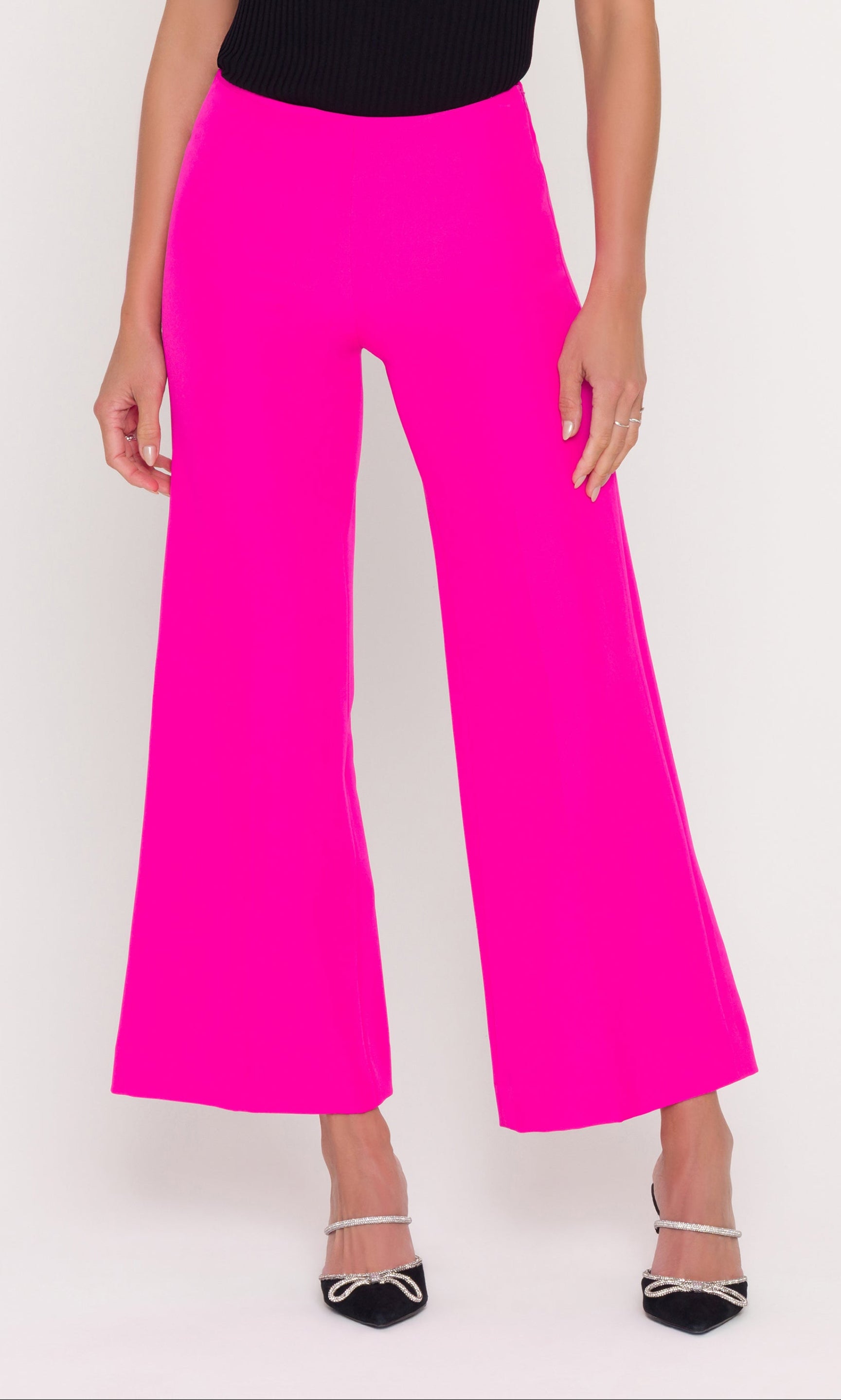 High waisted magenta wide leg pants on a model