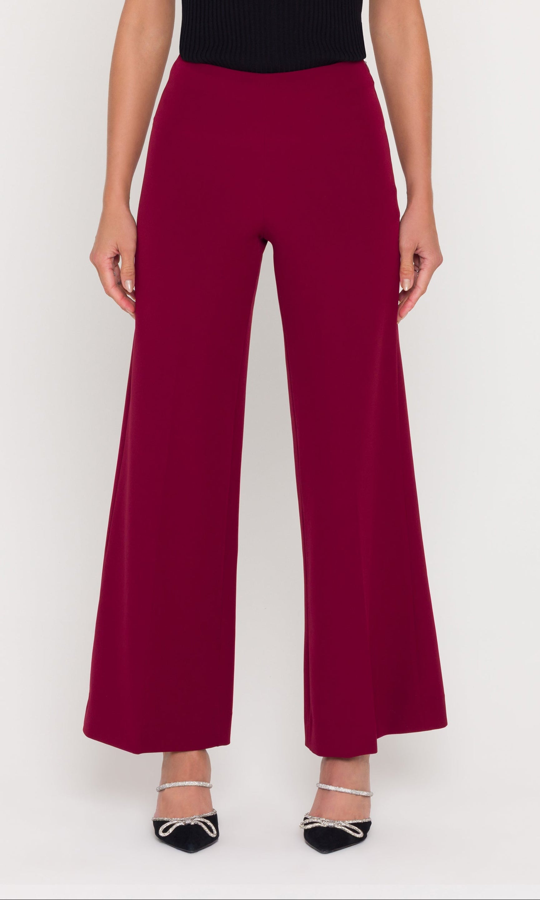 Person wearing crimson wide-leg pants and a black top on a white background