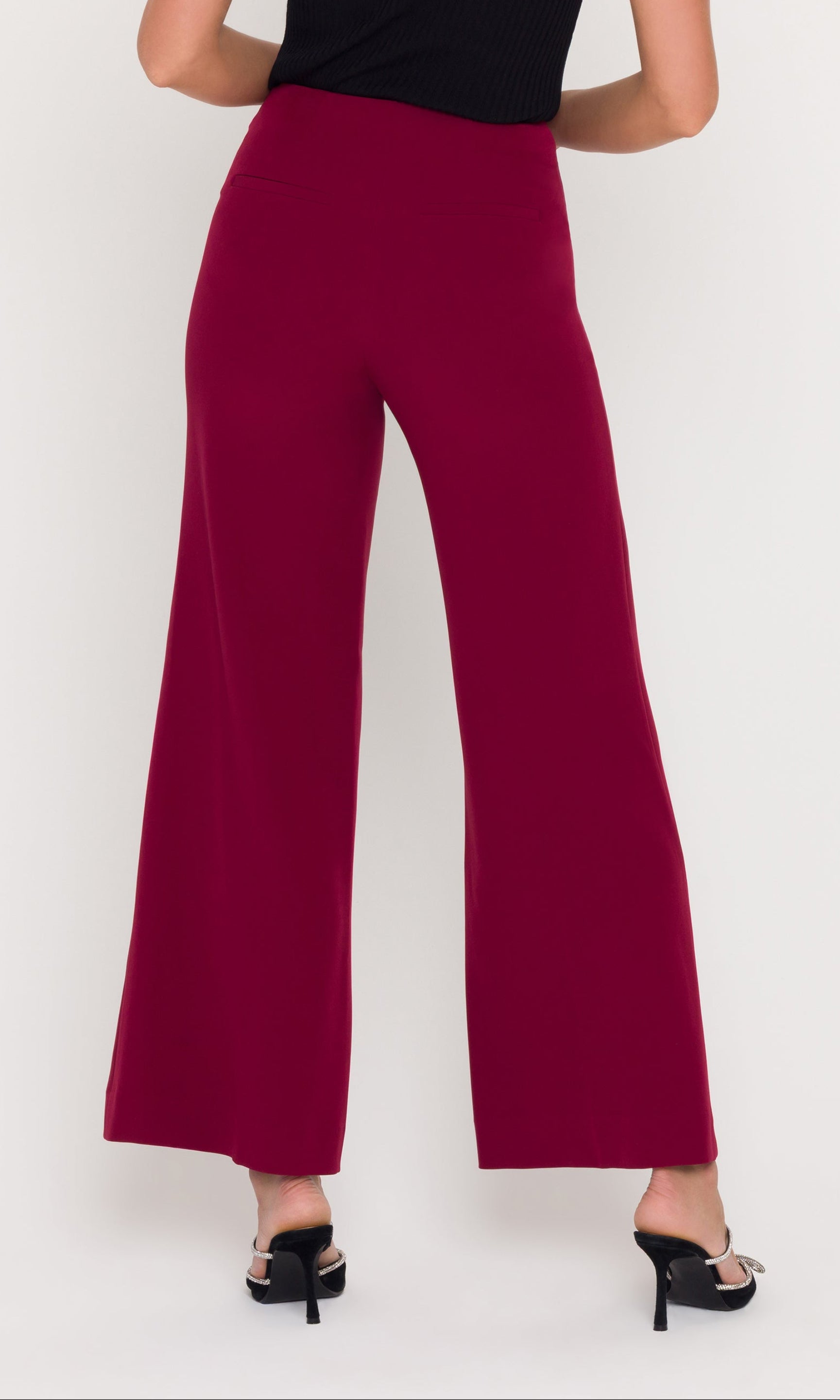 Person wearing crimson wide-leg pants and a black top on a white background
