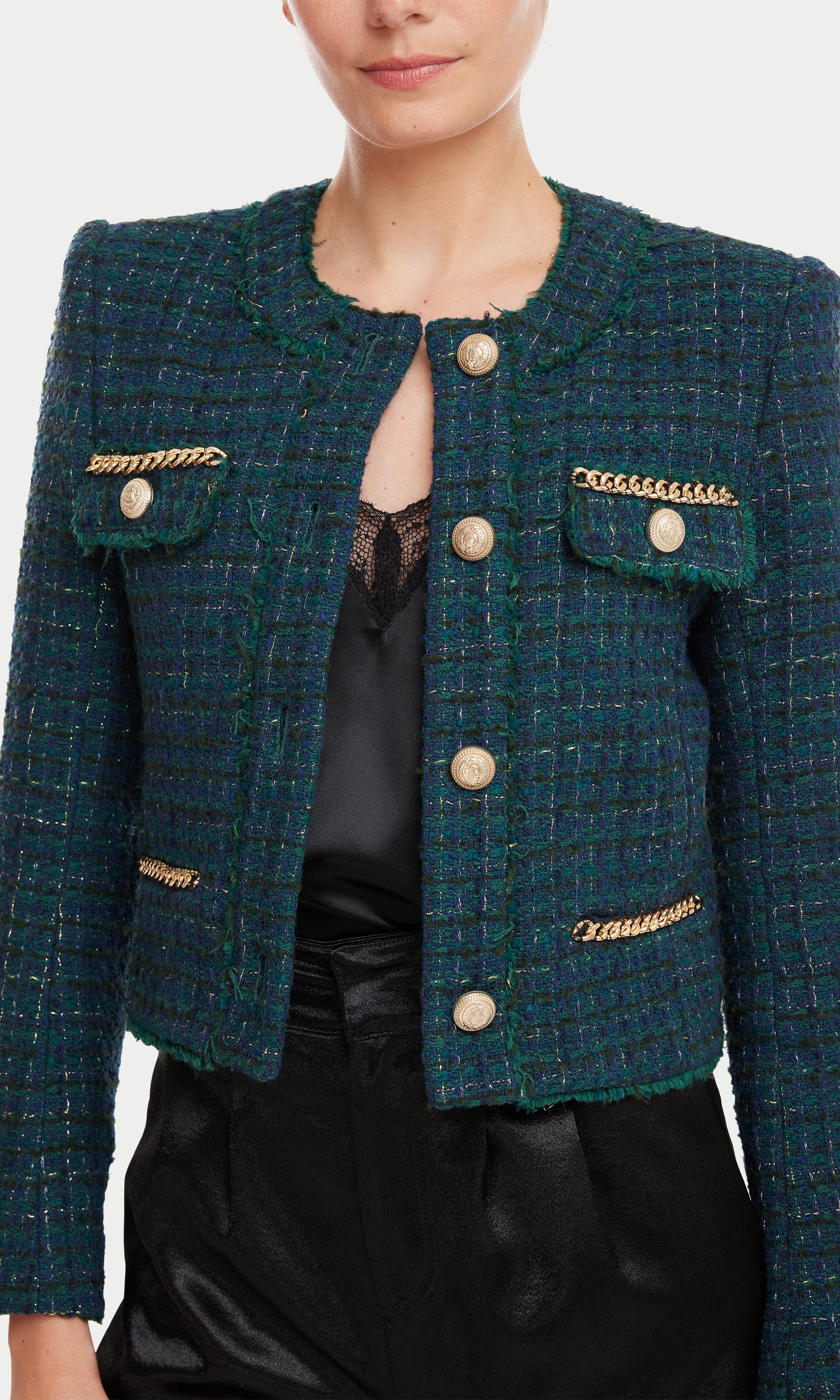 WornOnTV: Christine's green embellished tweed jacket on Selling