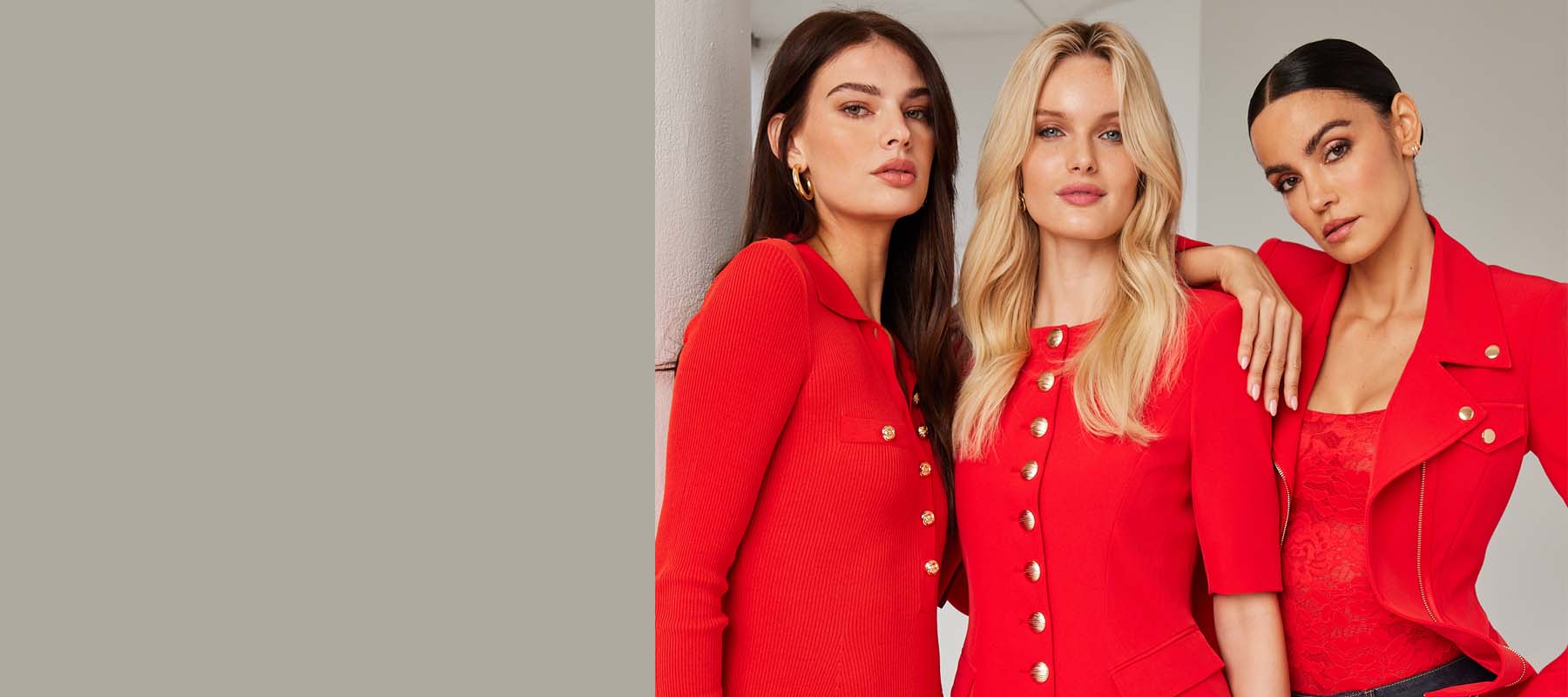 Three women wearing red outfits designed for Valentine's day.
