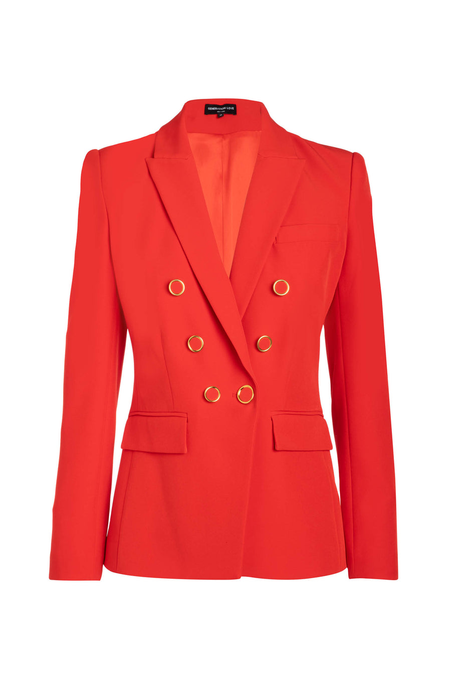 Photo of a red blazer with gold trimmed fabric buttons