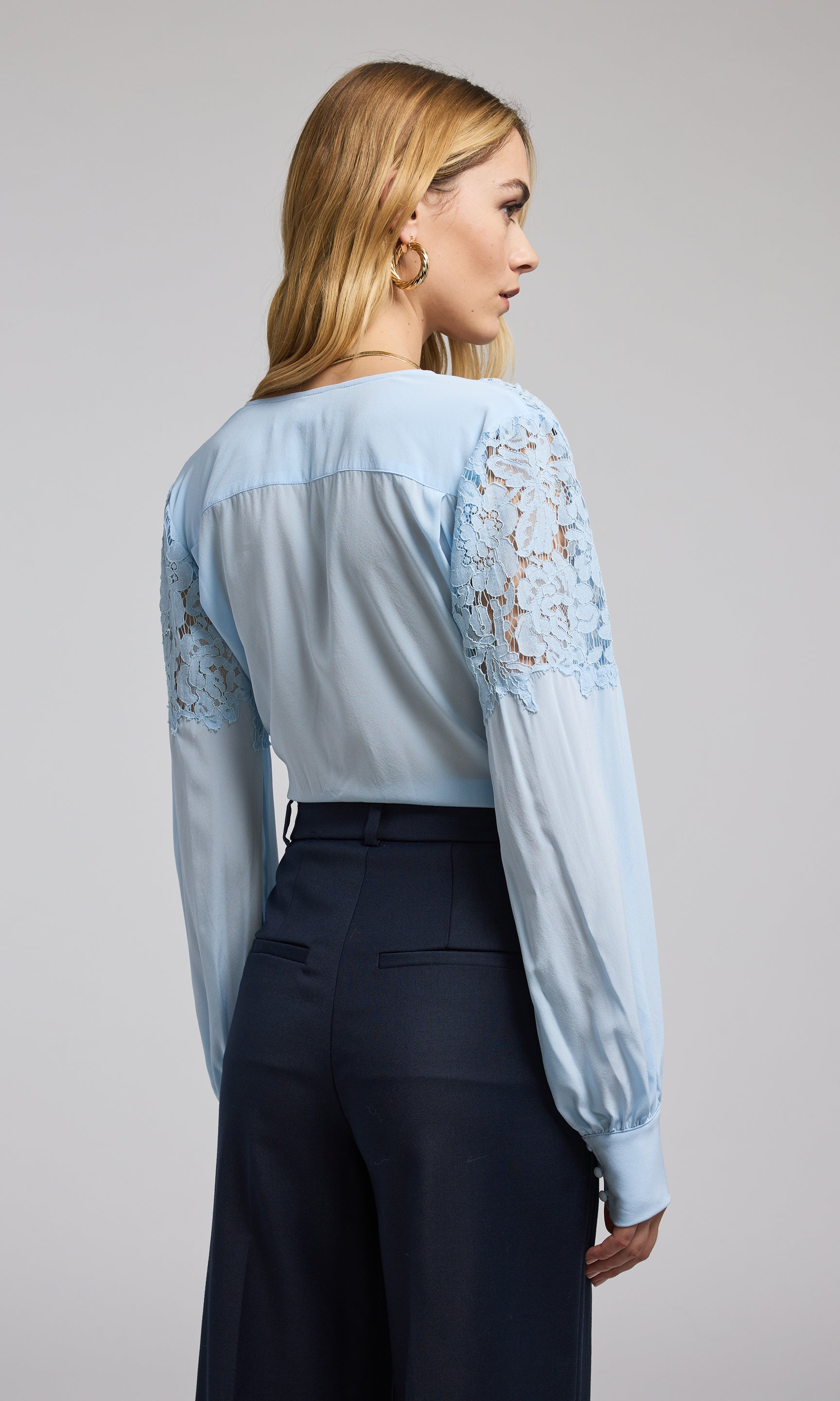 WAYF Lace Puff on sale Sleeve Blouse Powder Blue REVOLVE