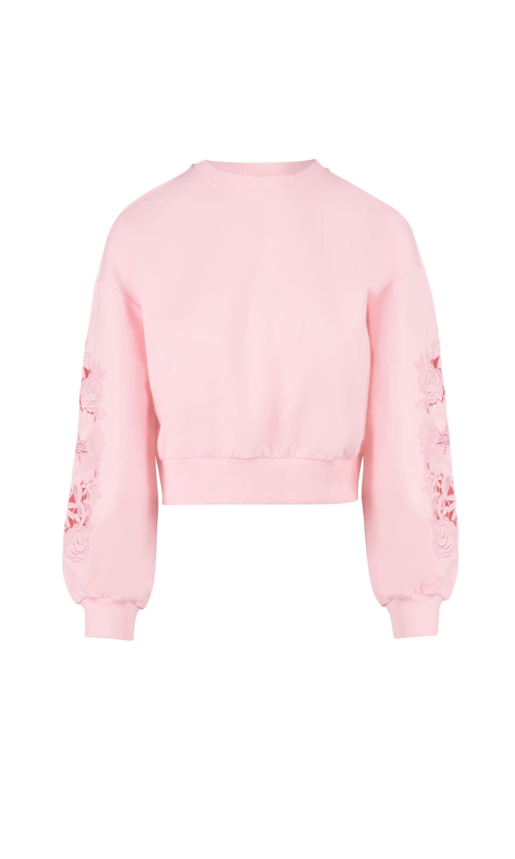 ghost image of the Arabella Lace Combo Sweatshirt in ballet slipper pink with lace details down the sleeve