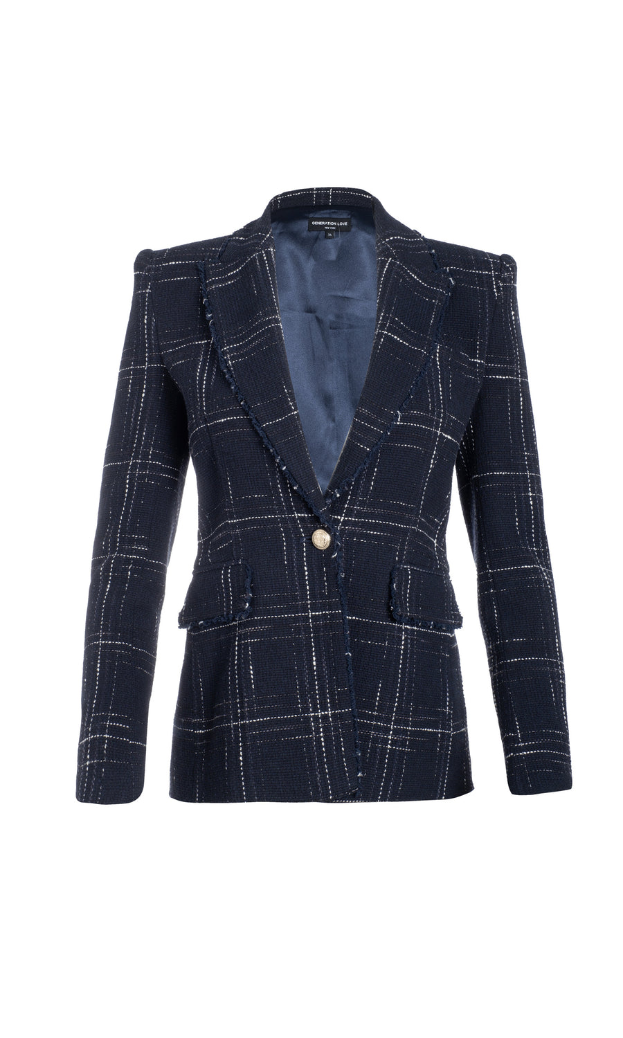 navy windowpane tweed blazer with strong shoulders and a fray trim