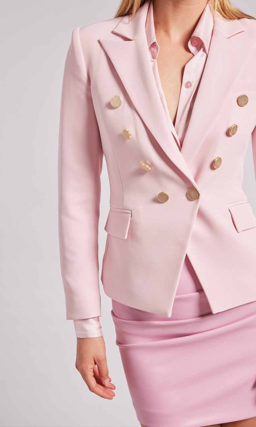 Belted Double-Breasted Crêpe Blazer in Pink