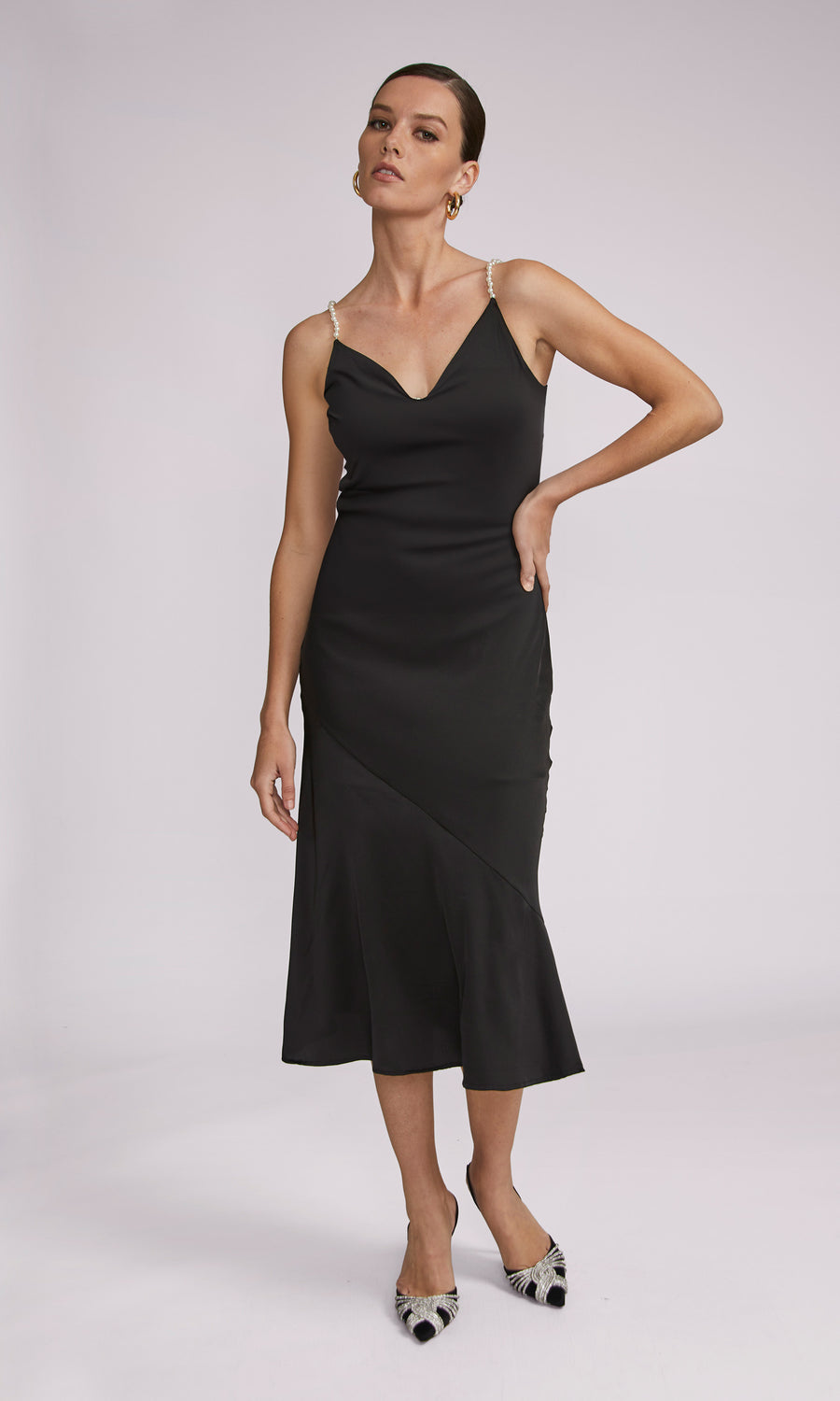 Anastasia Pearl Strap Midi Dress - Black 