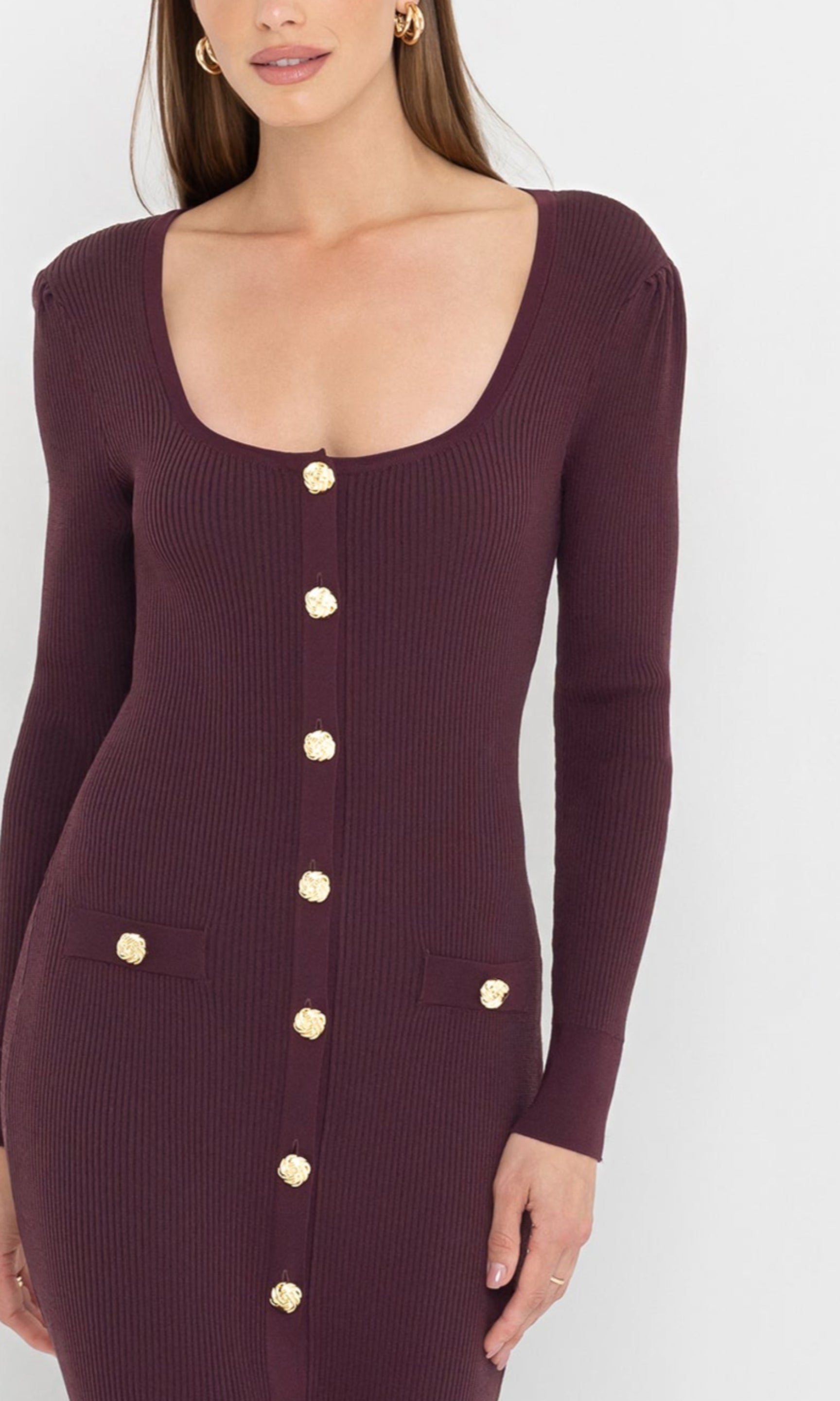 Close-up front view of the andolina square neck dress highlighting the square neckline.