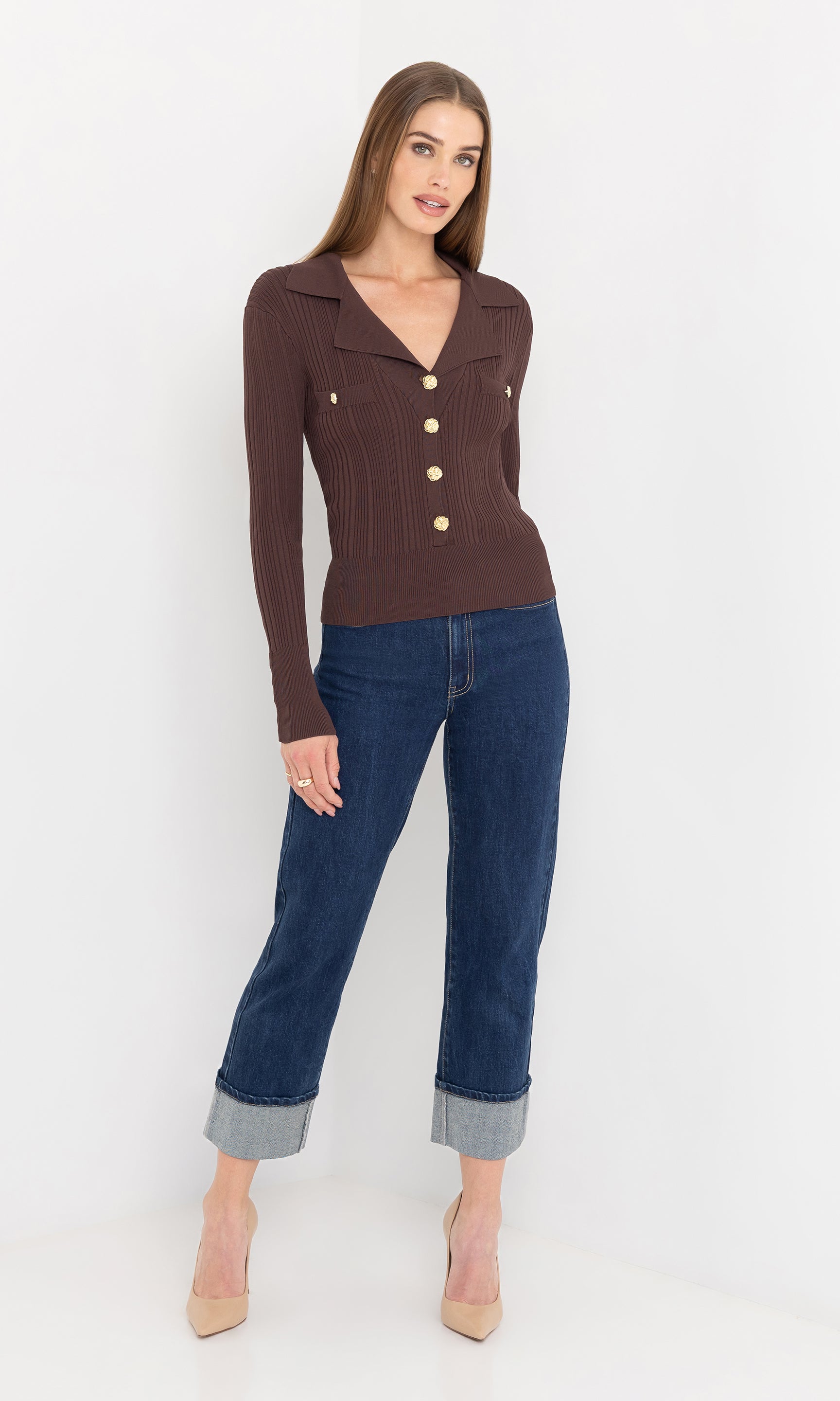 Full body front view of the anira rib top styled with jeans.