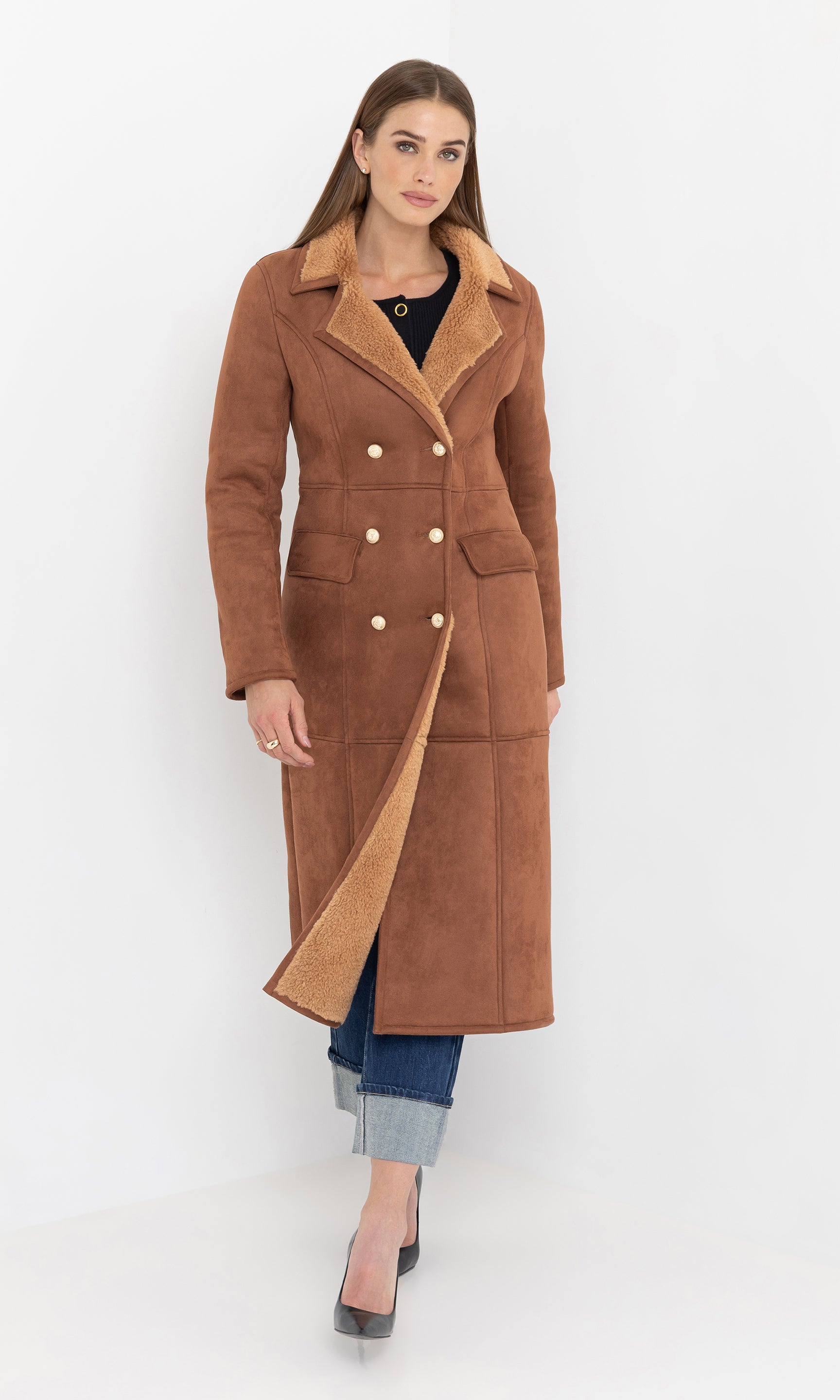 Front view of the benton faux shearling coat emphasizing the lapel detail.