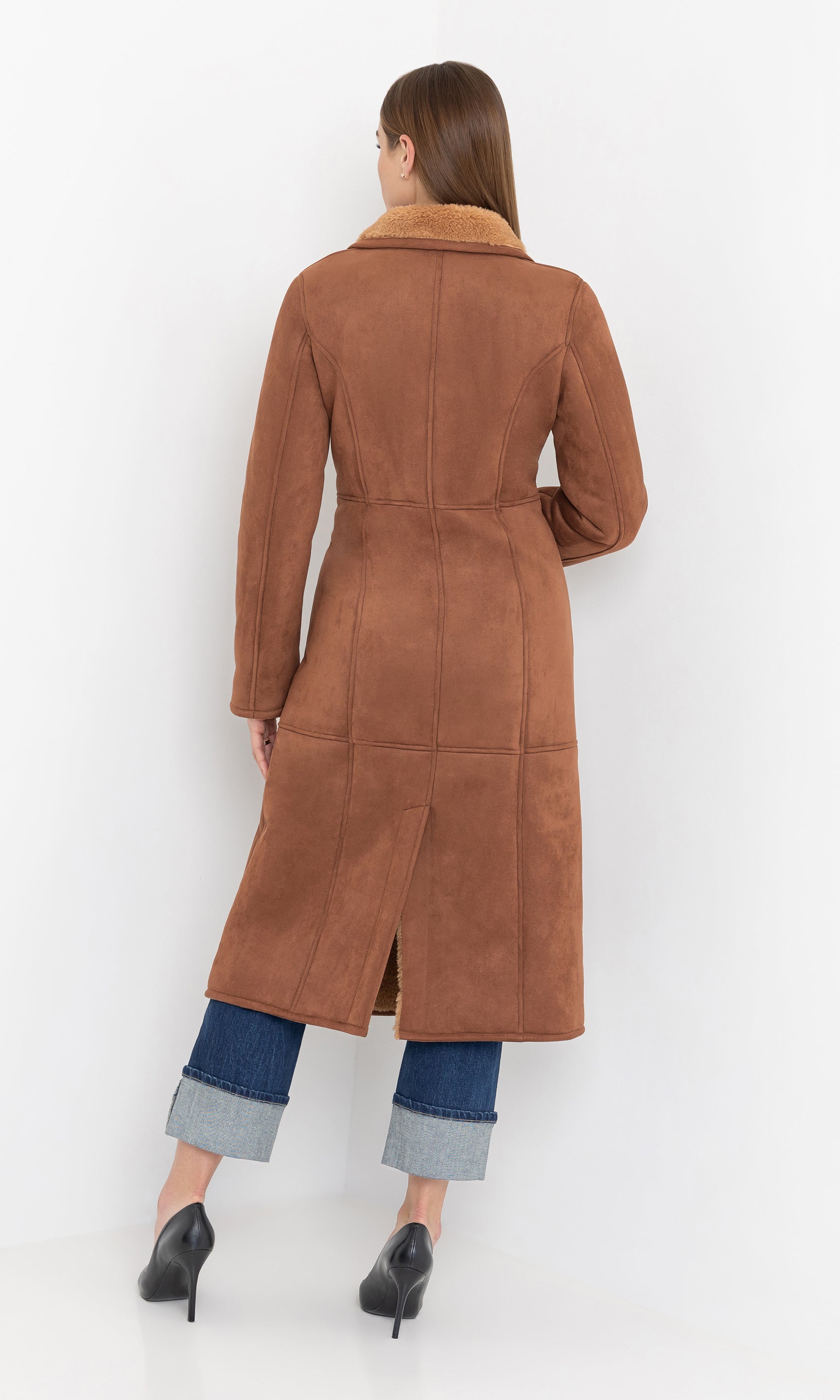 Back view of the benton faux shearling coat highlighting the straight cut.