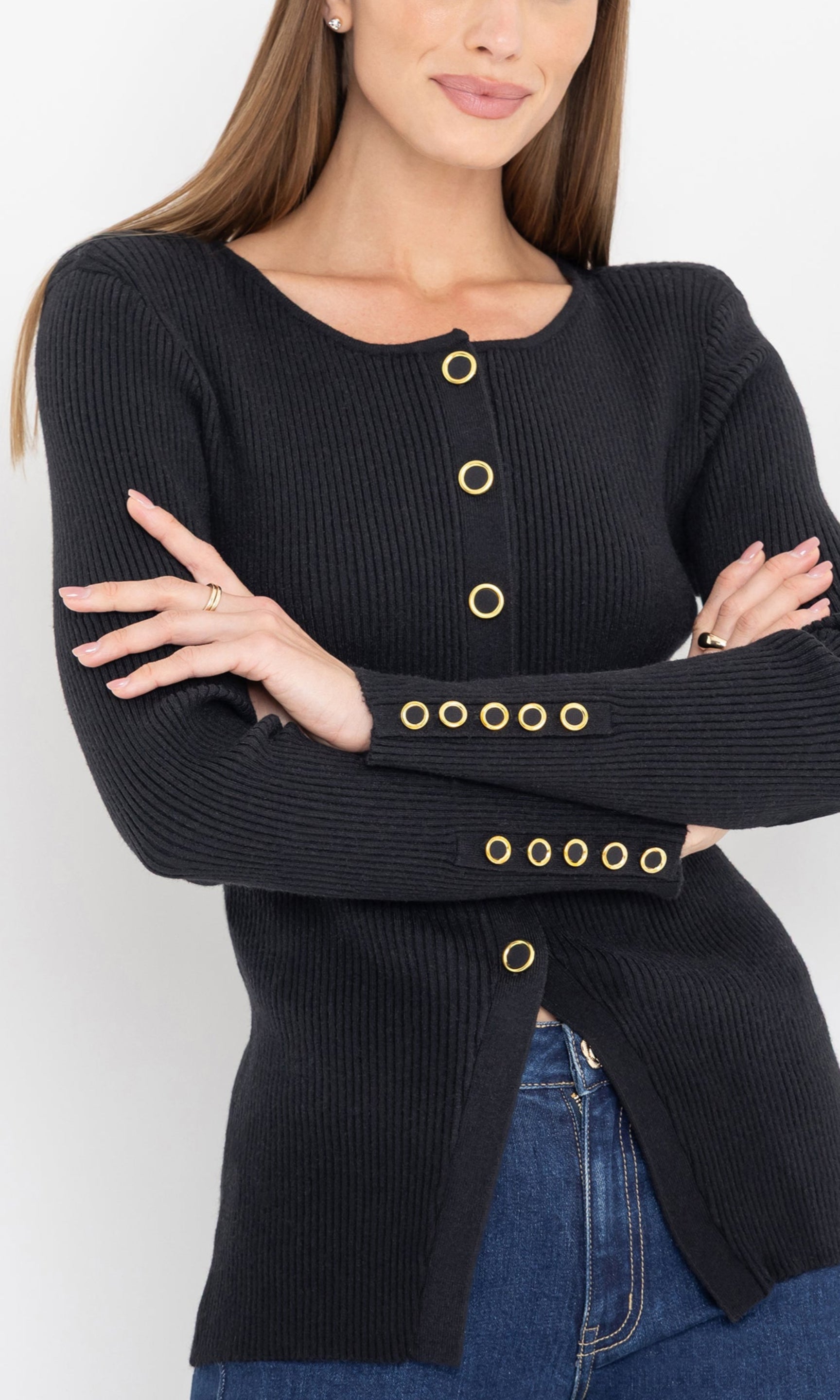 Close-up front view of the cherish rib cardigan highlighting the ribbed knit.