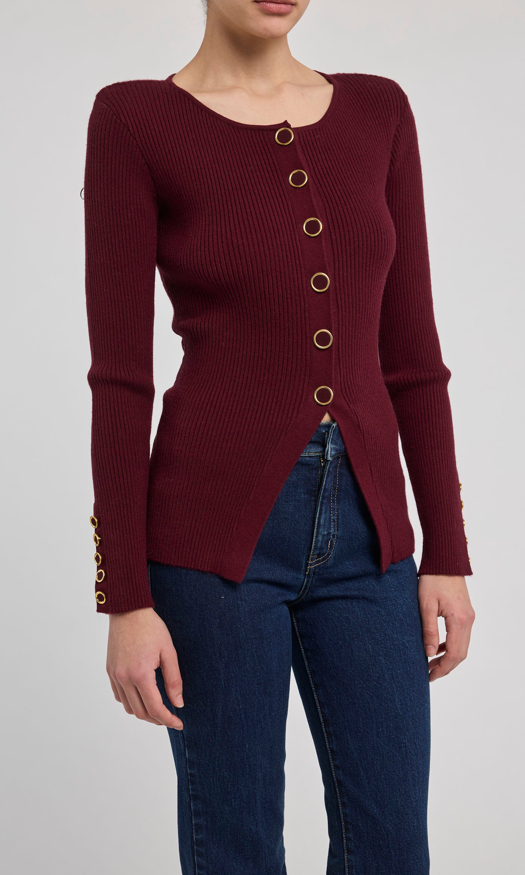 Malbec sweater on model with blue jeans