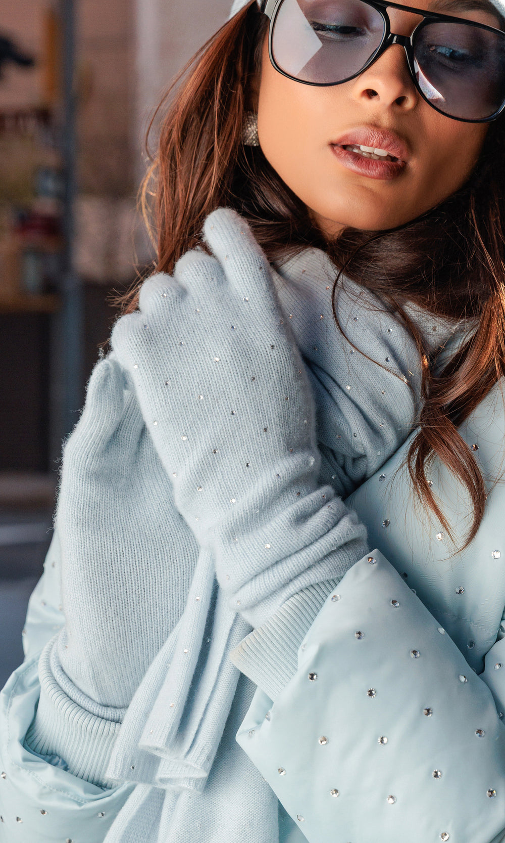 Coco Crystal Gloves | Light Blue Rhinestone Knit Gloves | Generation Love