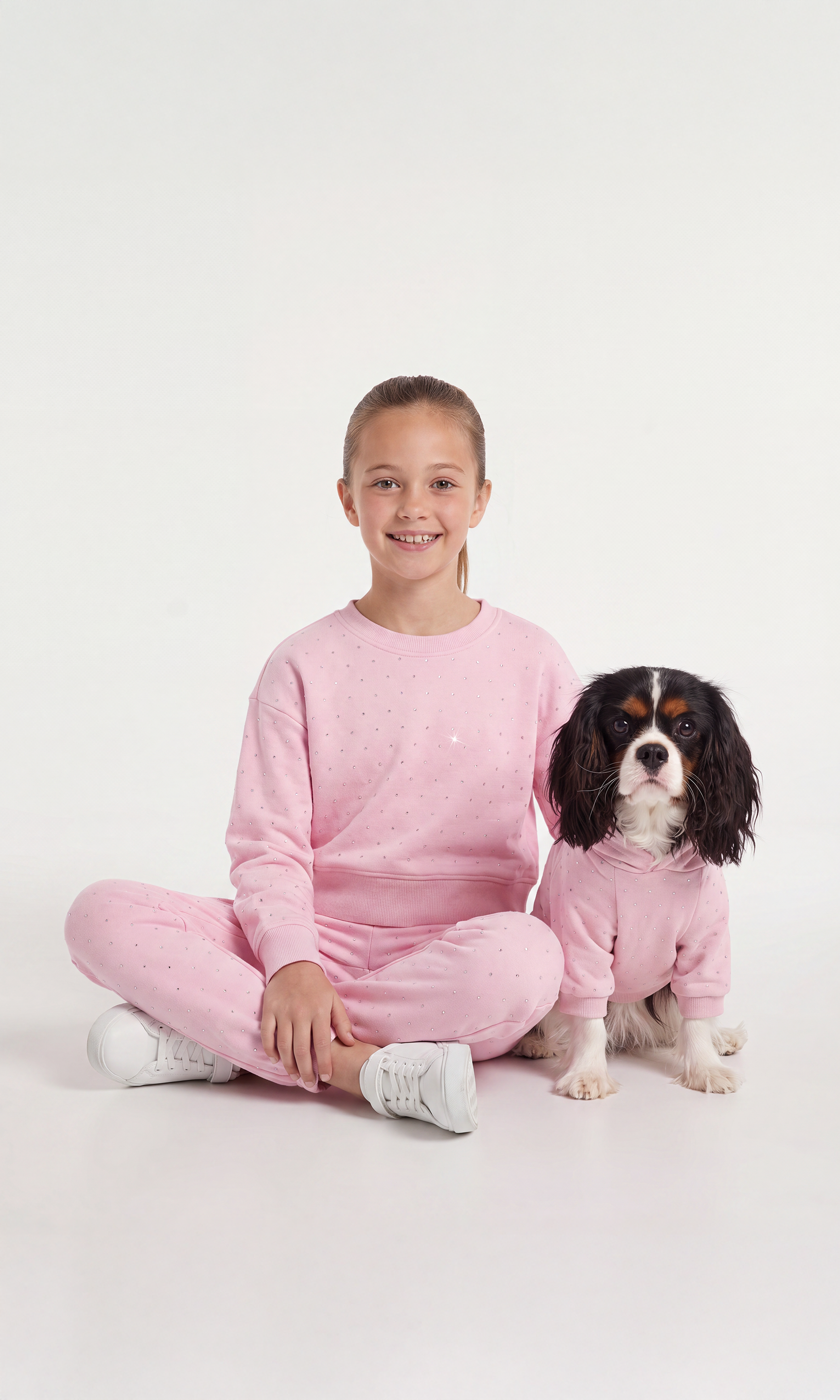 A young girl and a small black-and-white dog sit together on a light gray studio floor, both wearing matching light pink sweatshirt and jogger sets.