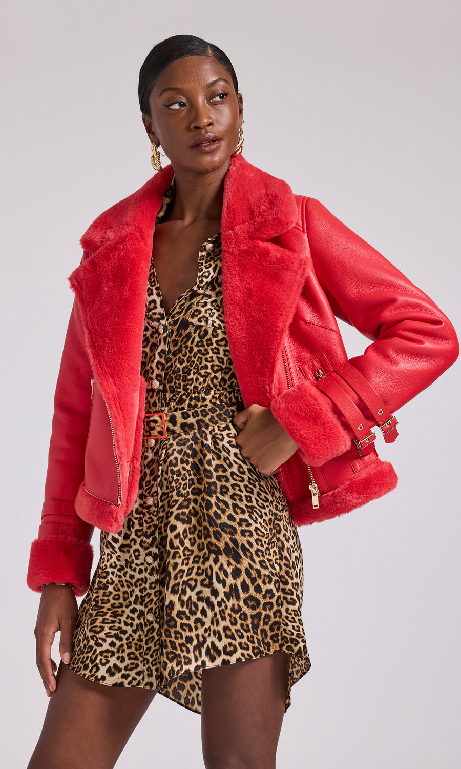Dion Faux Fur Shearling Moto Jacket - Red
