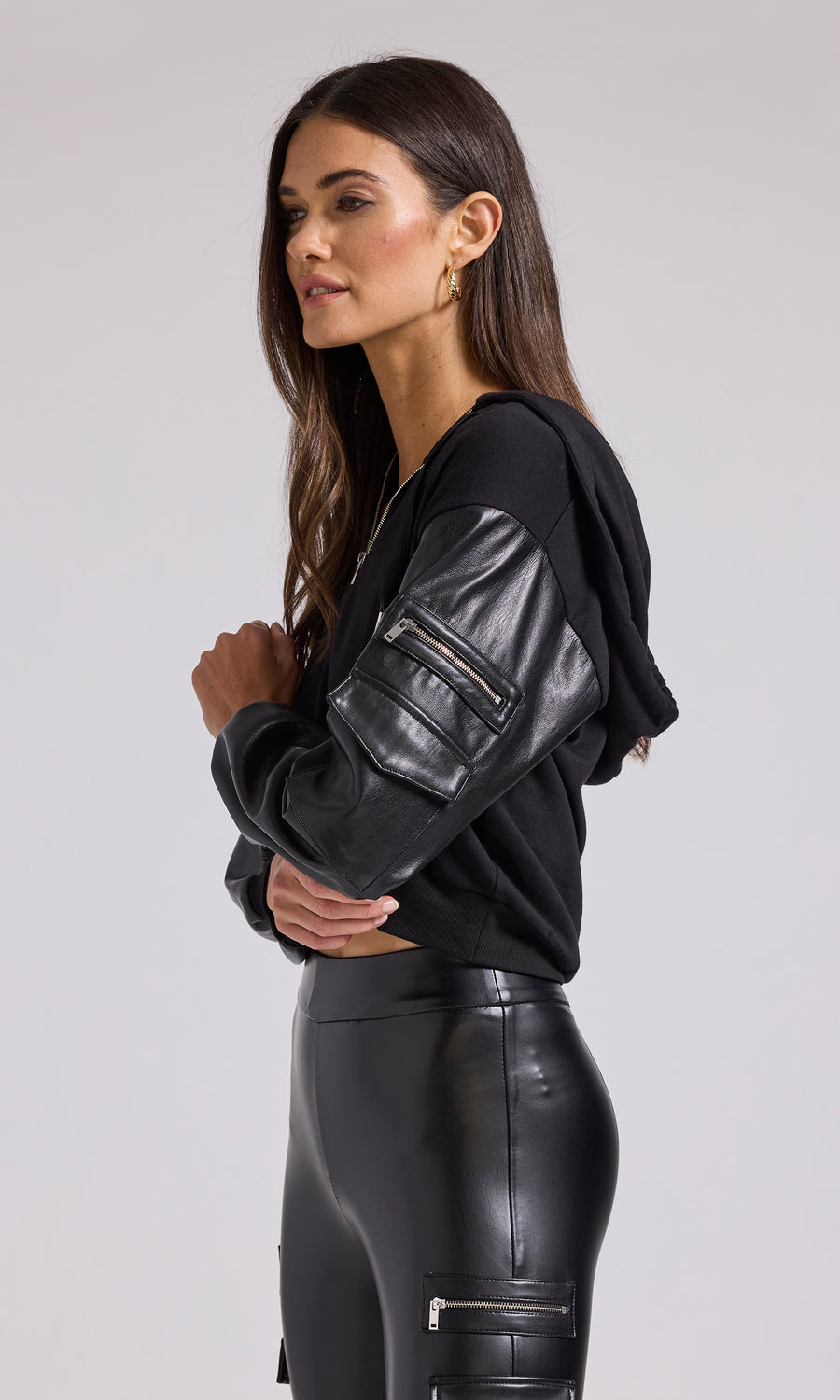 Noelle Vegan Leather Combo Sweatshirt - Black