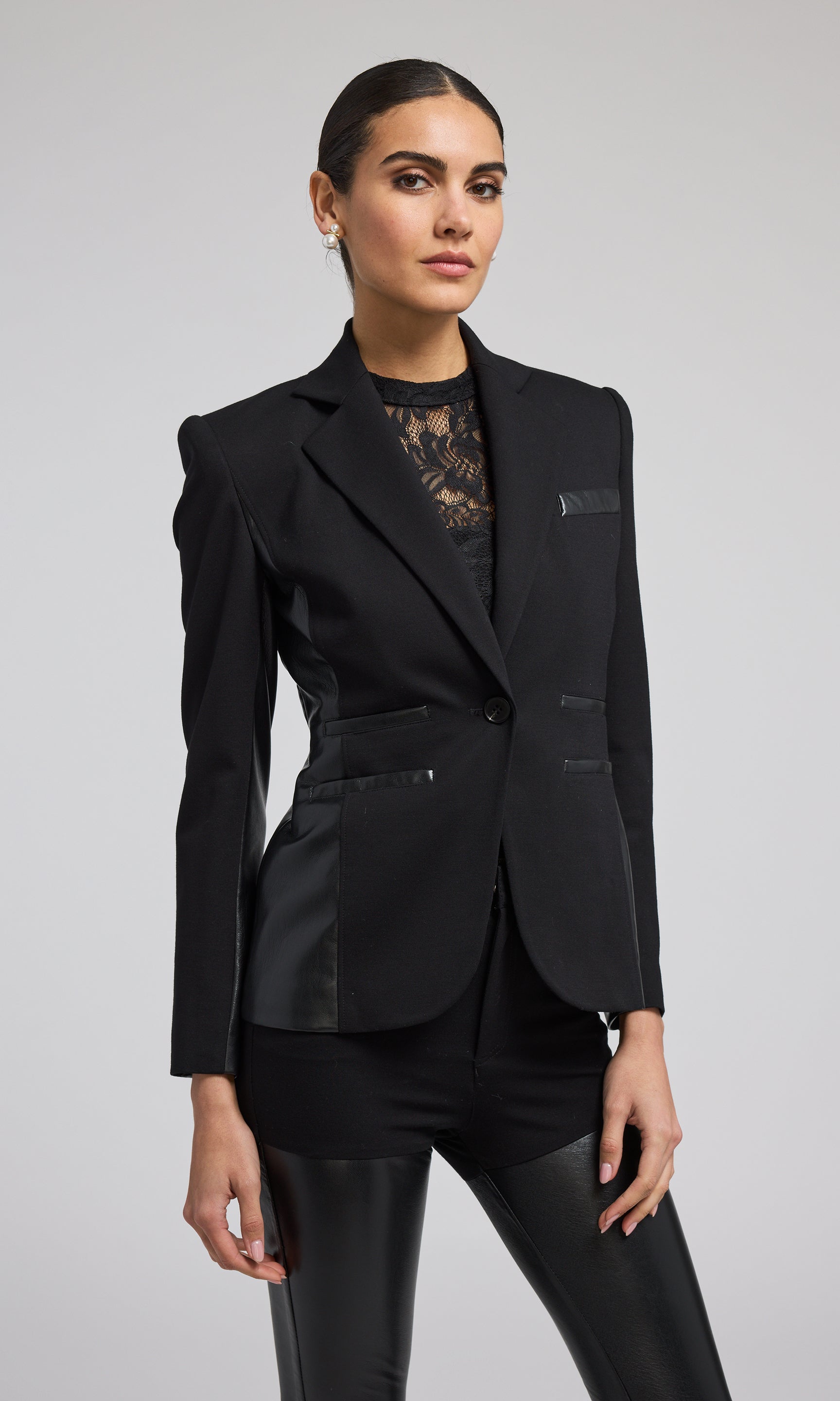 Chic black vegan leather combo blazer, designed to enhance your wardrobe with its sleek and contemporary look.