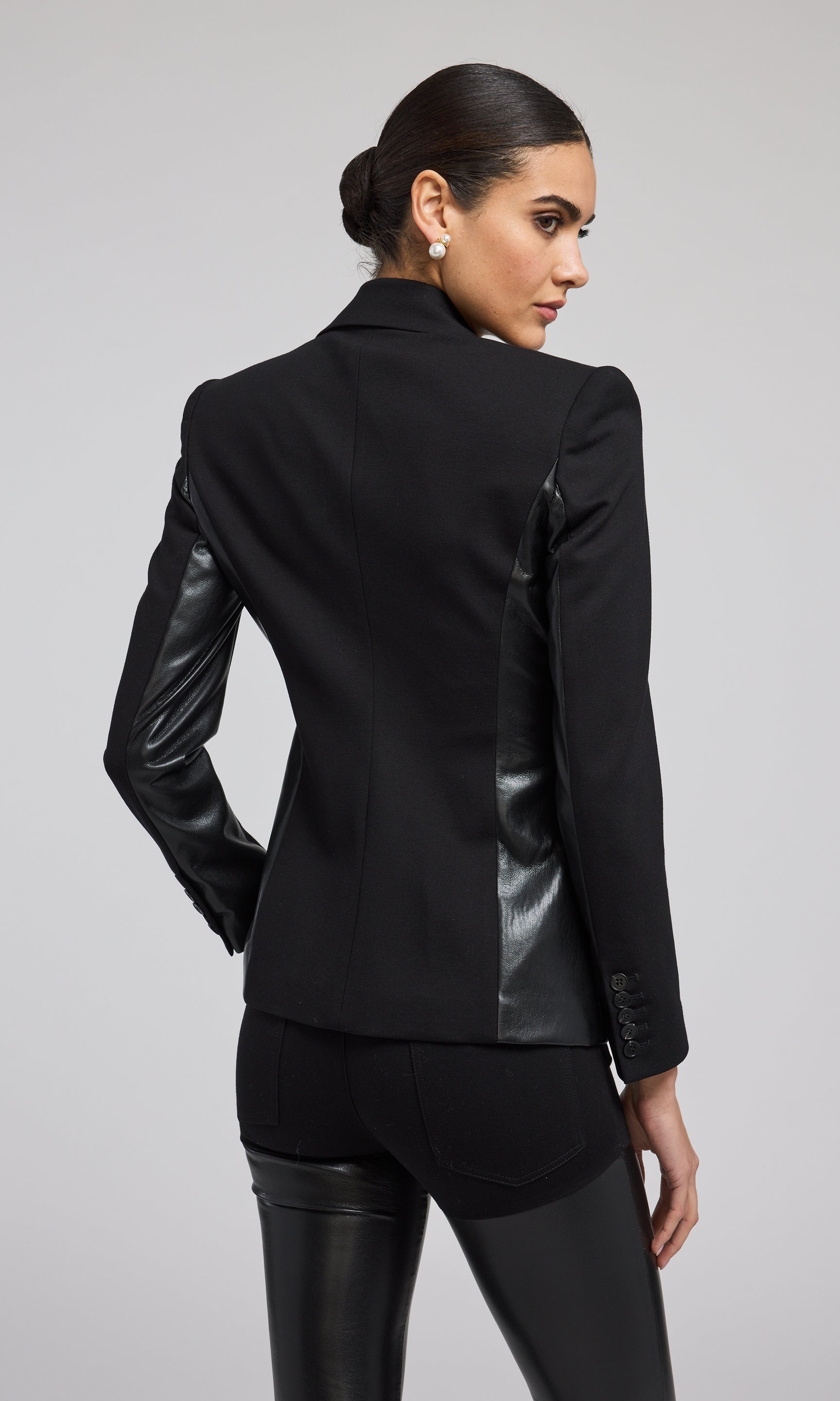 Chic black vegan leather combo blazer, designed to enhance your wardrobe with its sleek and contemporary look.