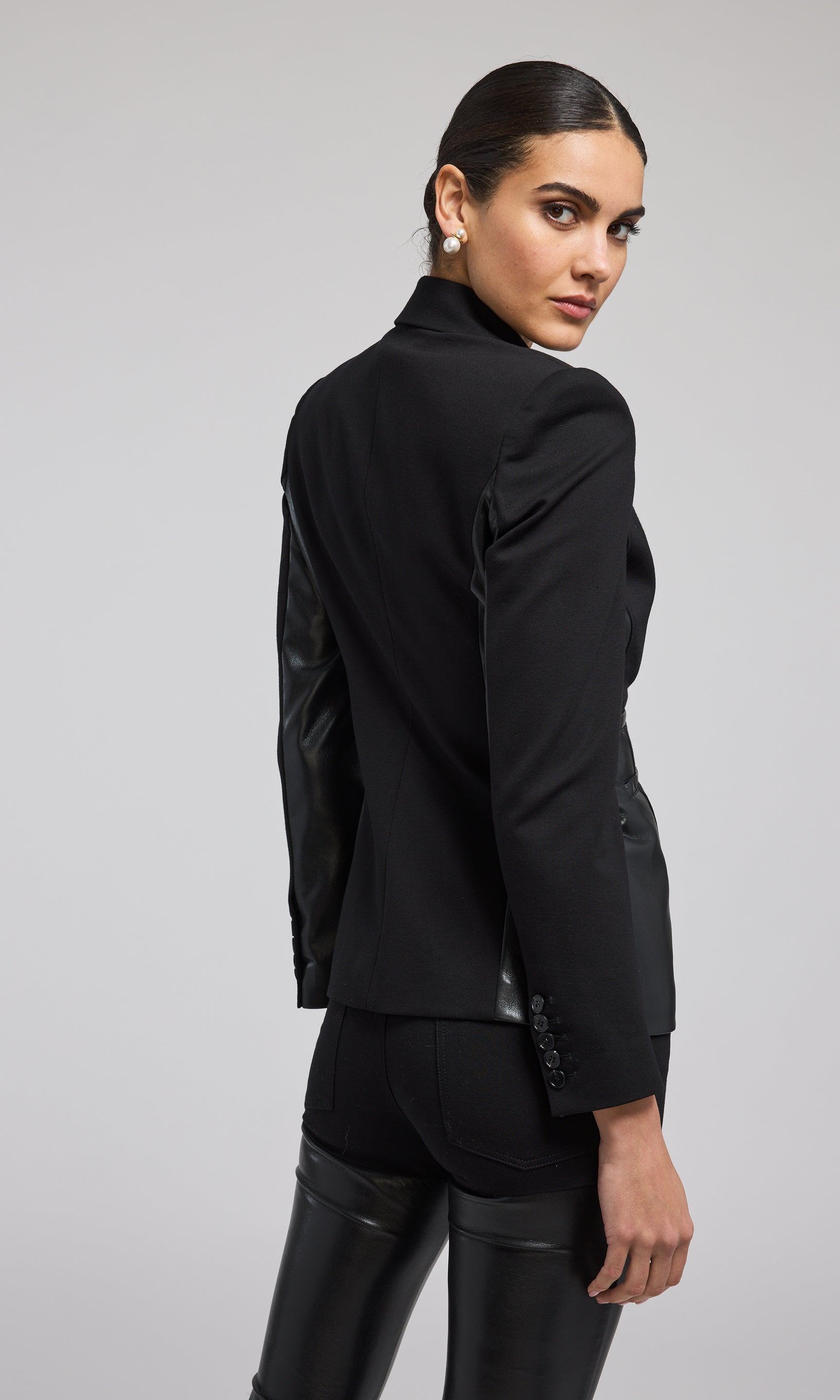 Chic black vegan leather combo blazer, designed to enhance your wardrobe with its sleek and contemporary look.