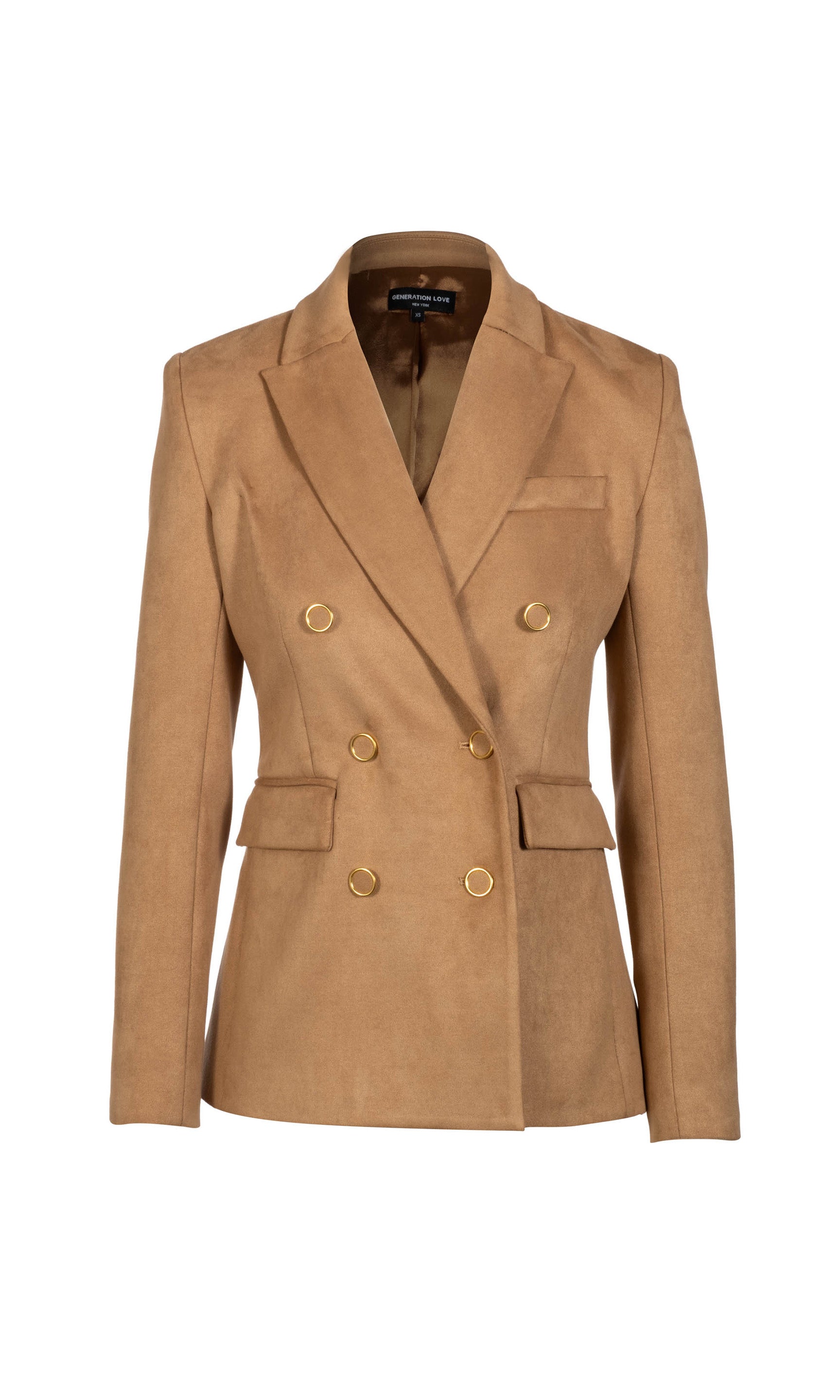 Tan blazer with gold buttons on a white background