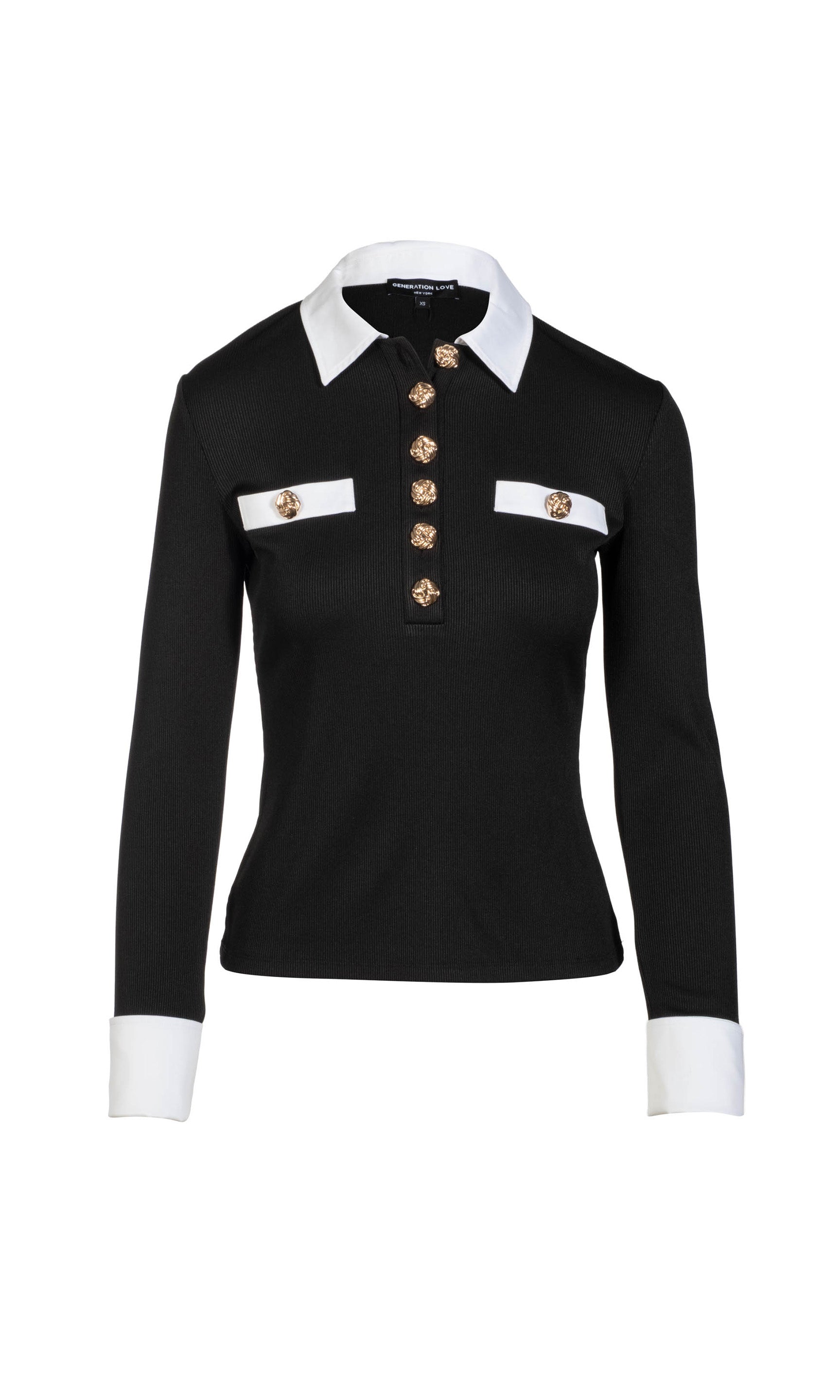Black long-sleeve shirt with white collar and cuffs, featuring gold buttons on a white background