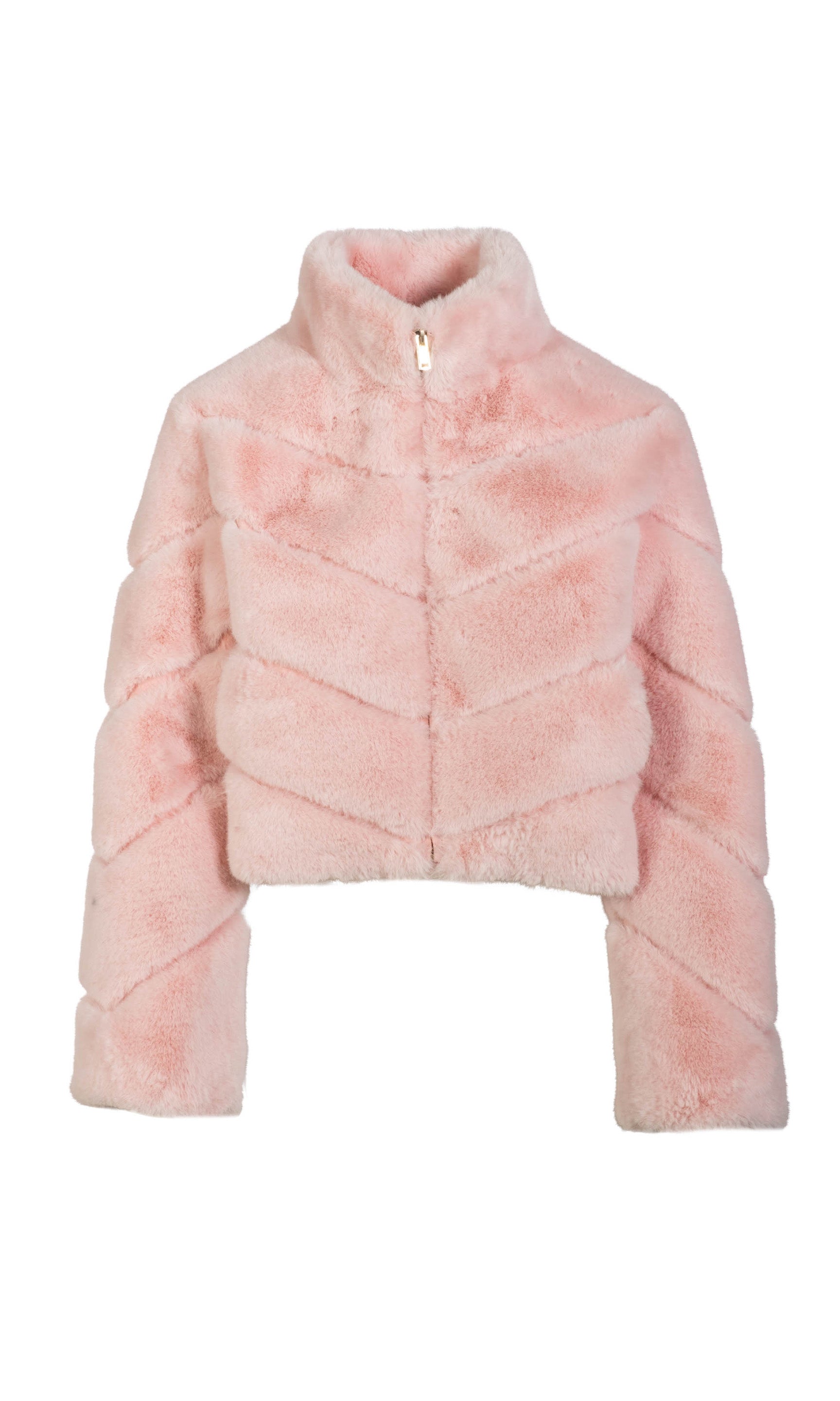 Pink faux fur jacket on a white background