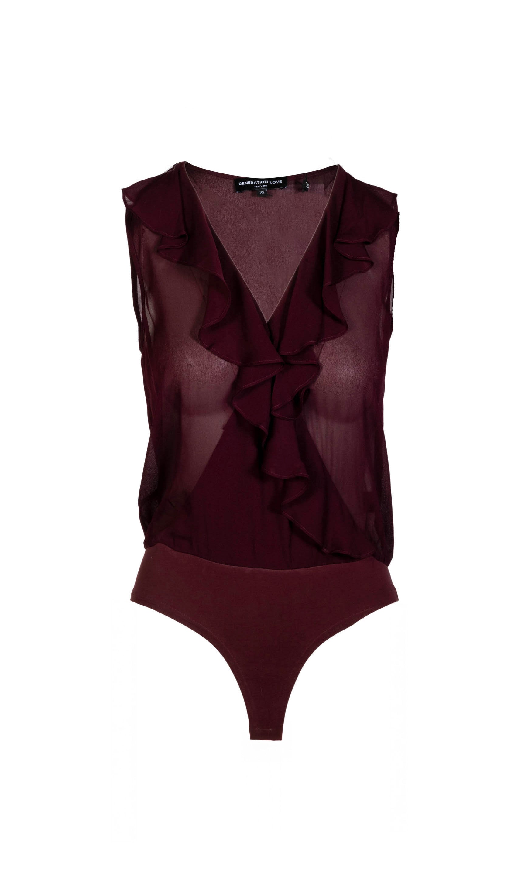 Maroon bodysuit with ruffled details on a white background