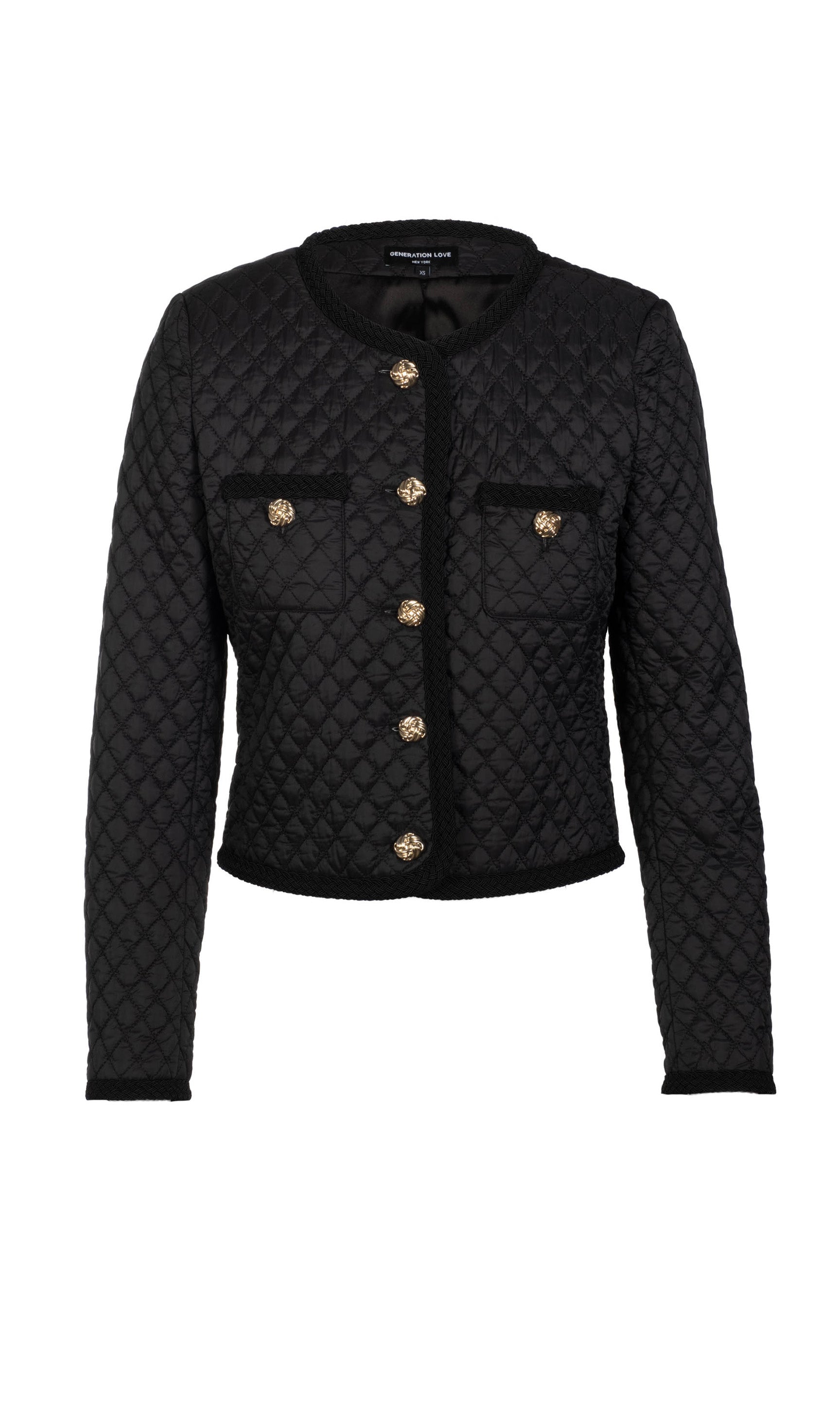 Black quilted jacket with gold buttons on a white background