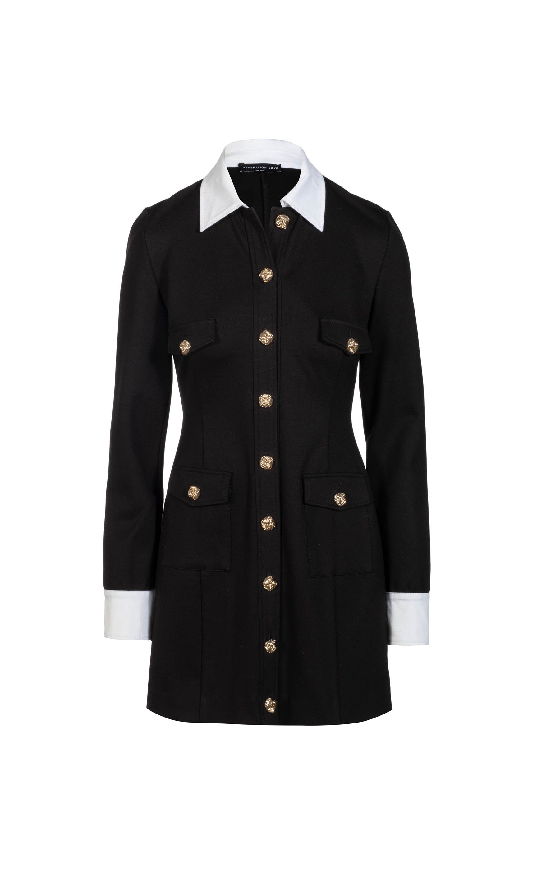 Black shirt-dress with white collar and cuffs on a white background