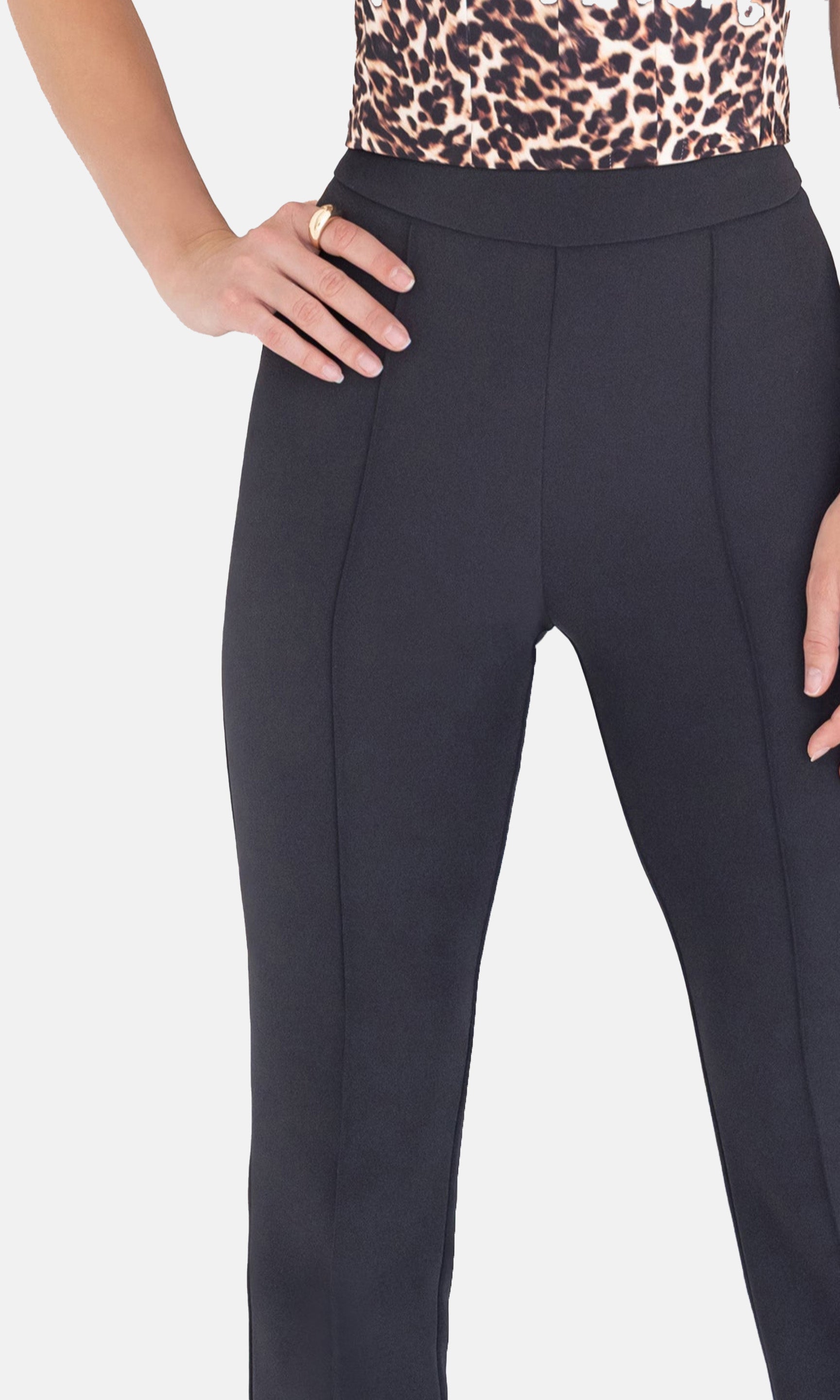 Close-up front view of the Lonny Crepe Pants highlighting the tailored fit.