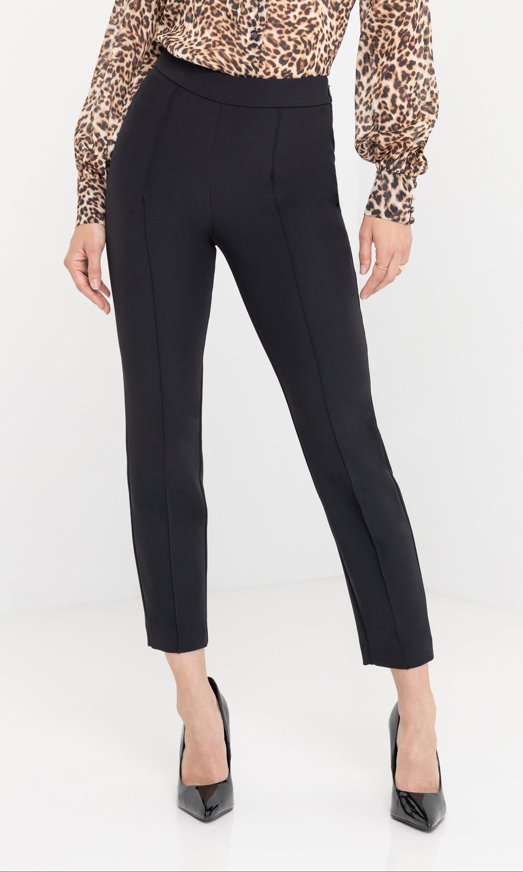 Close-up front view of the Lonny Crepe Pants highlighting the tailored fit.