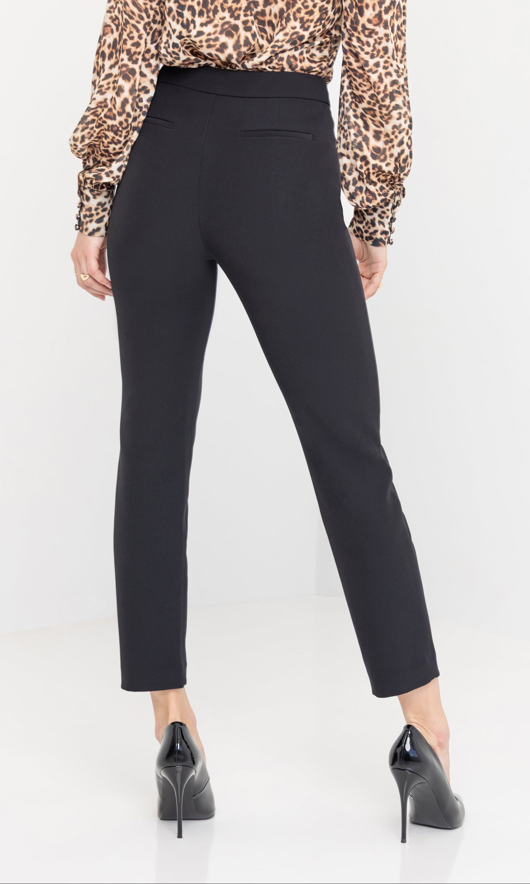Rear view of the Lonny Crepe Pants showing the clean seam lines.

