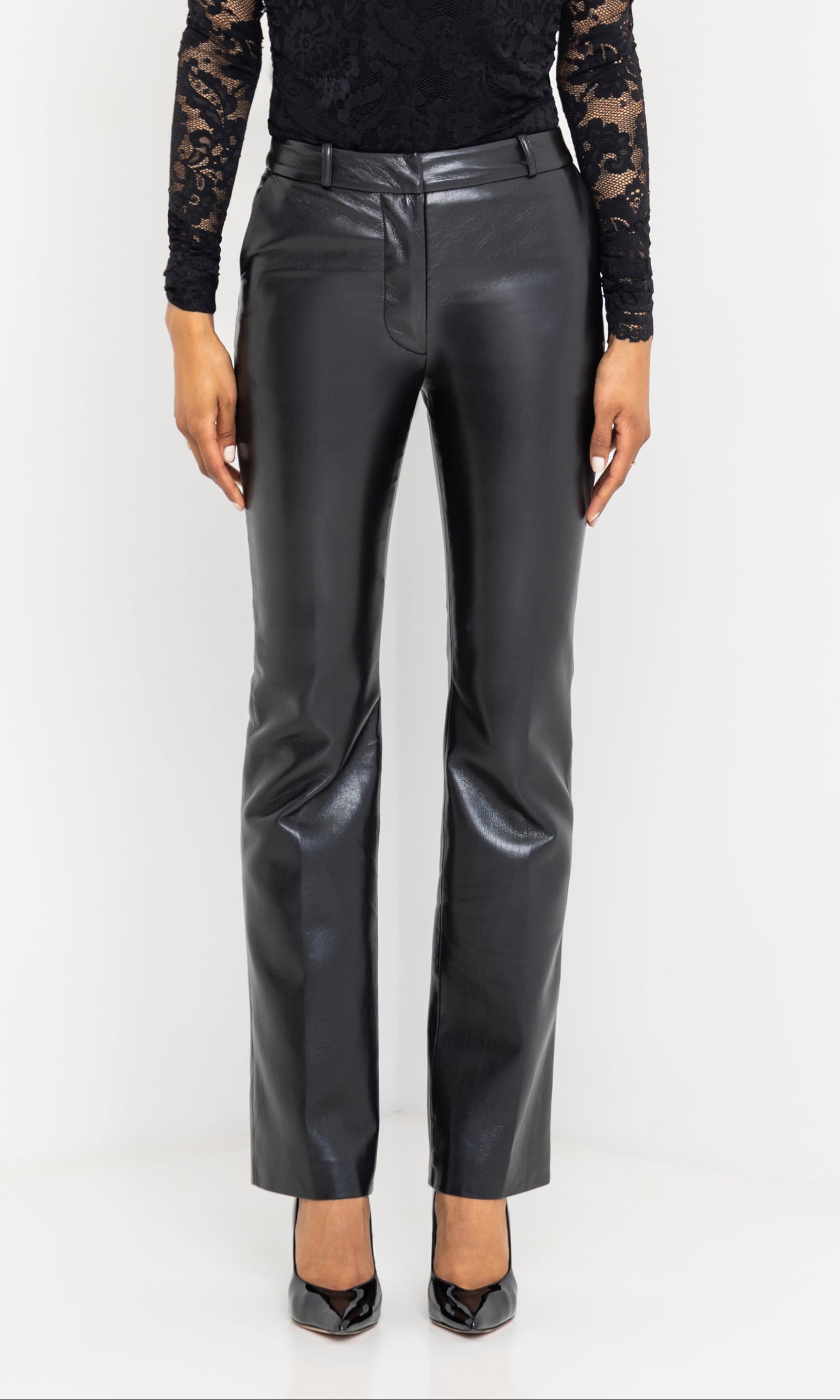 Close-up front view highlighting the waistline and straight-leg cut.