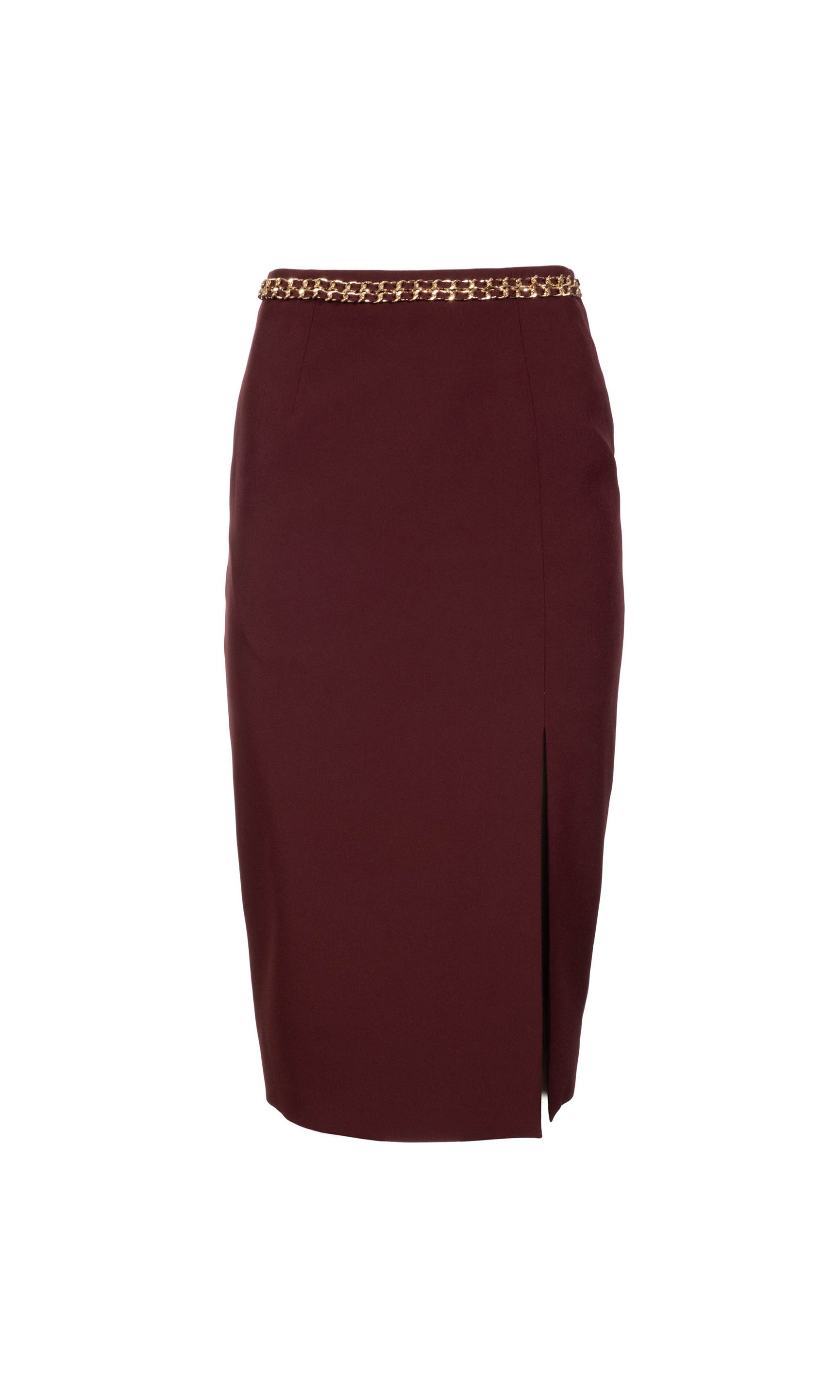 Maroon pencil skirt with a slit on a white background