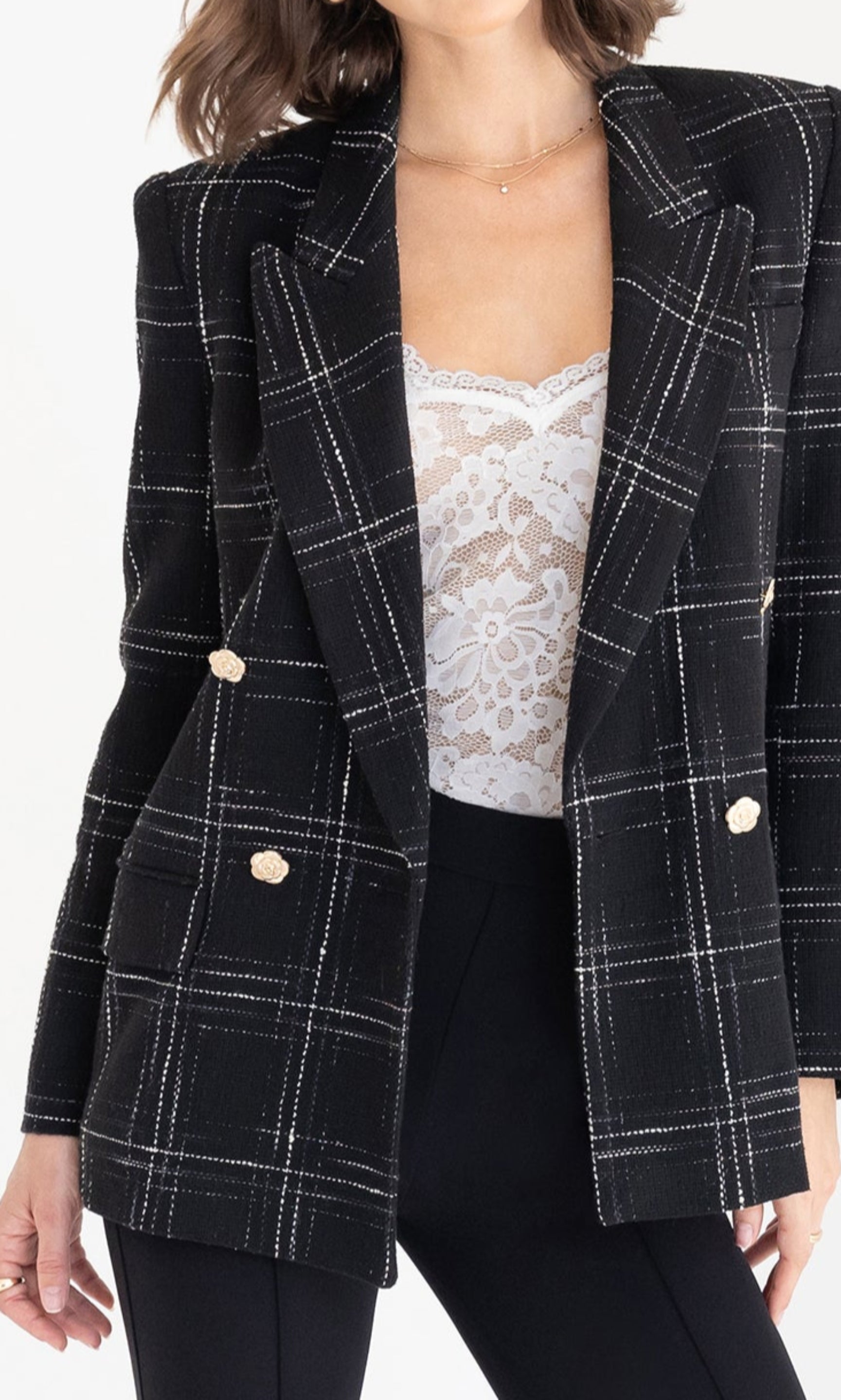 Three-quarter front view of the Maverick Windowpane Tweed Blazer emphasizing its tailored silhouette.