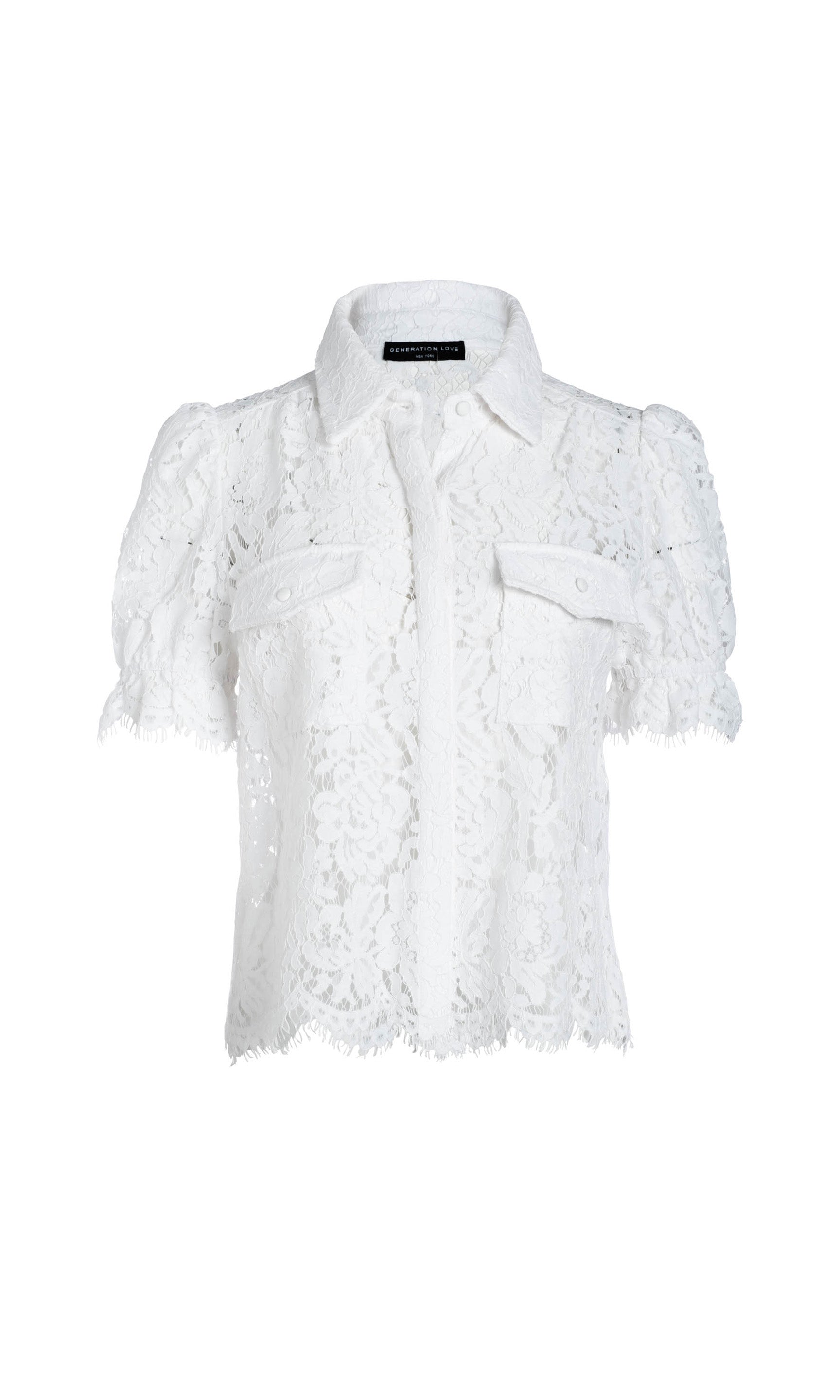 Flat image of the Mina Lace top in white on a white background