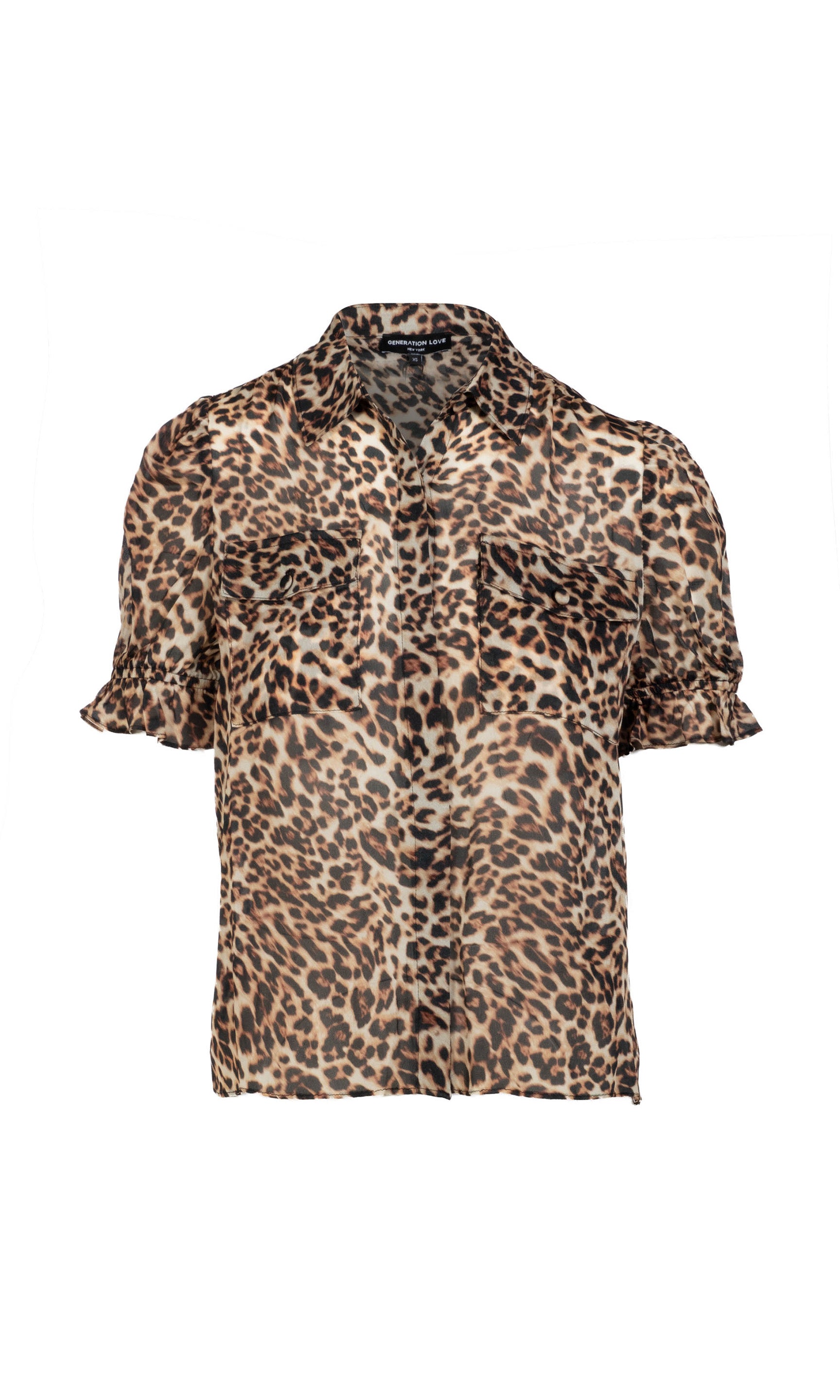 Leopard print button down short sleeve top on a white background.