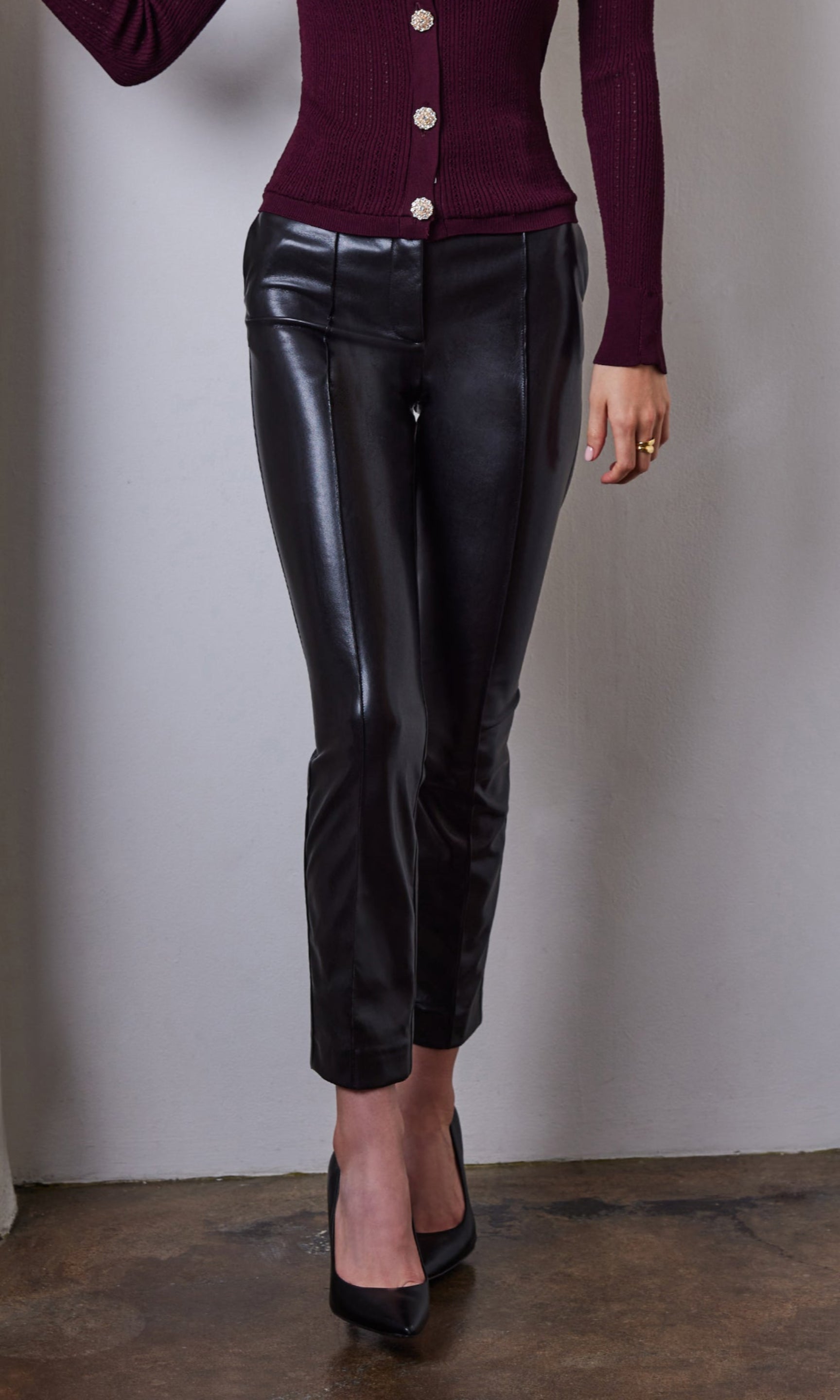 Close-up front view of the tula vegan leather pants highlighting the fitted cut.