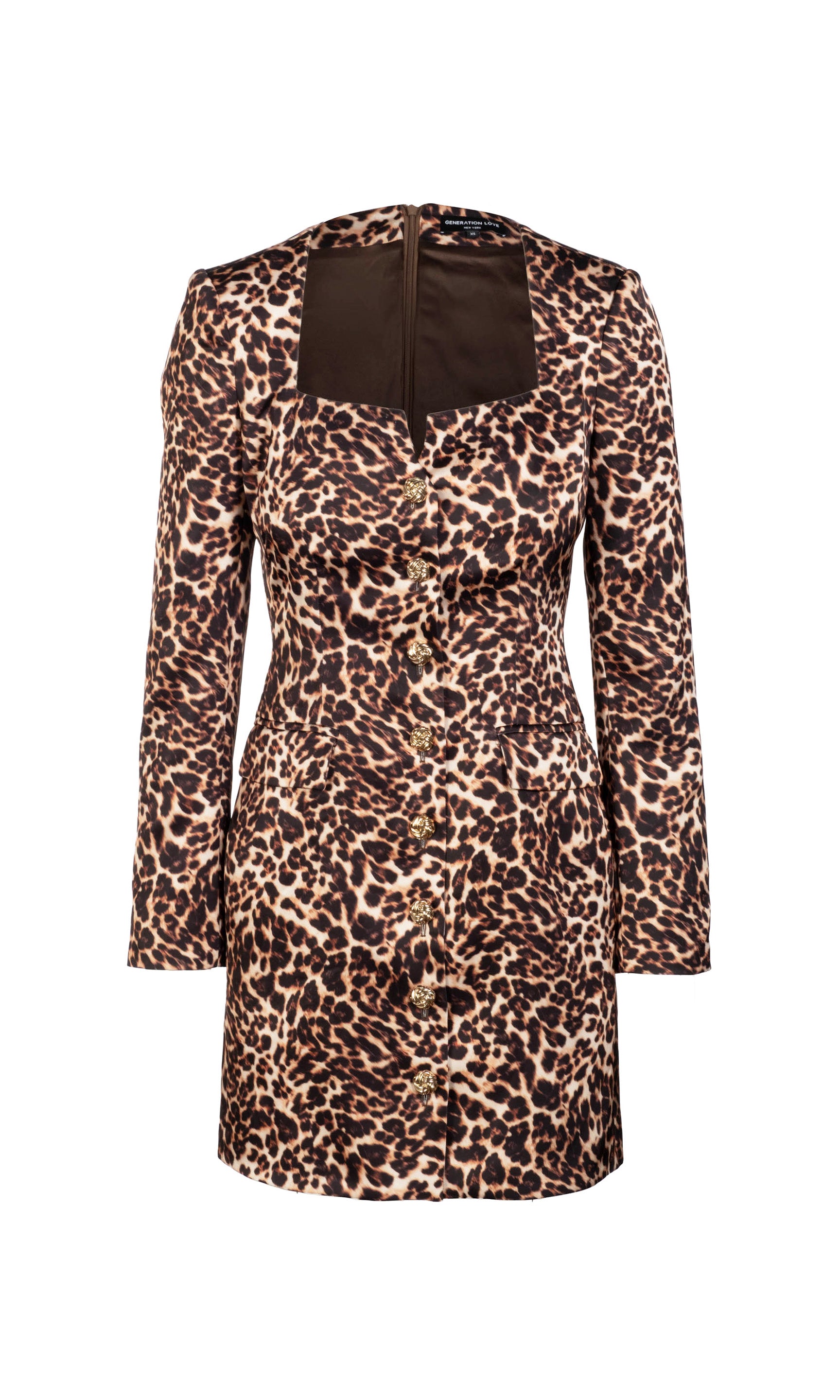 Leopard print dress with long sleeves on a white background