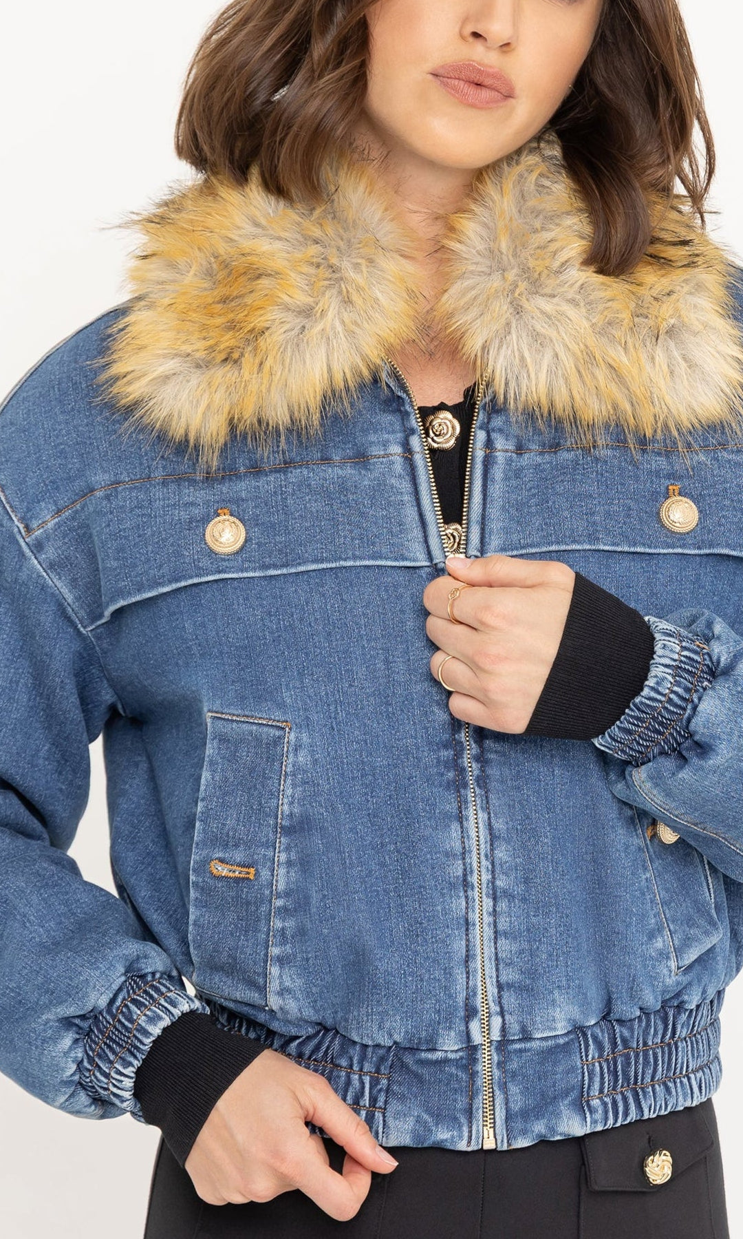 Close-up of the Paco Denim Bomber highlighting the faux fur collar and front button details