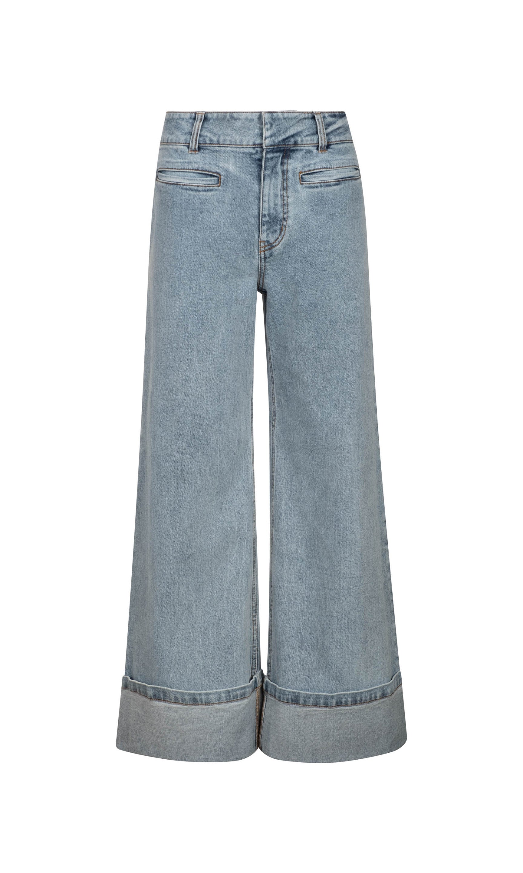 Flat image of the Raquel wide-leg denim jeans in light blue in black on a white background