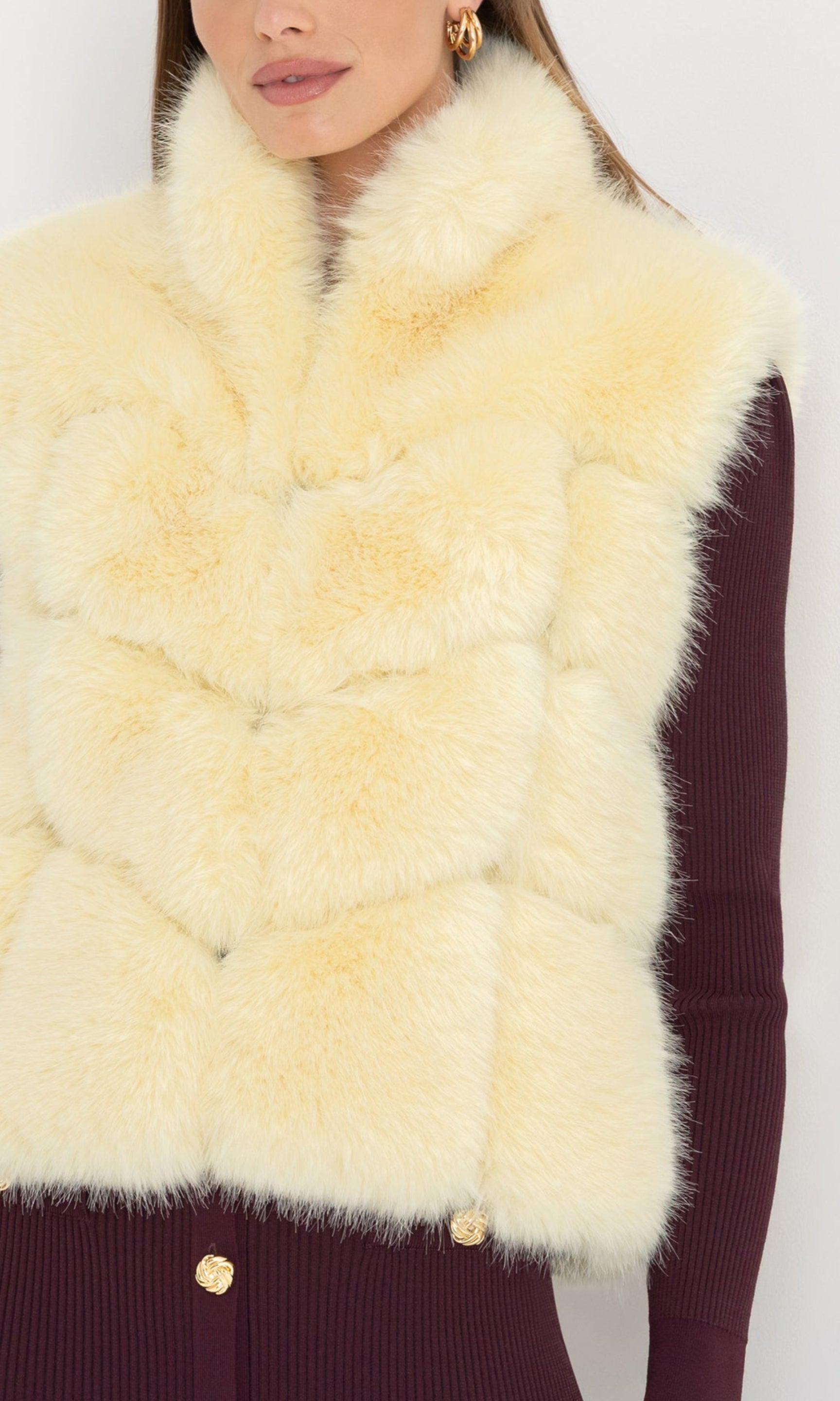 Close-up front view of Rosario Faux Fur Vest in cream, highlighting the plush texture and soft sheen.