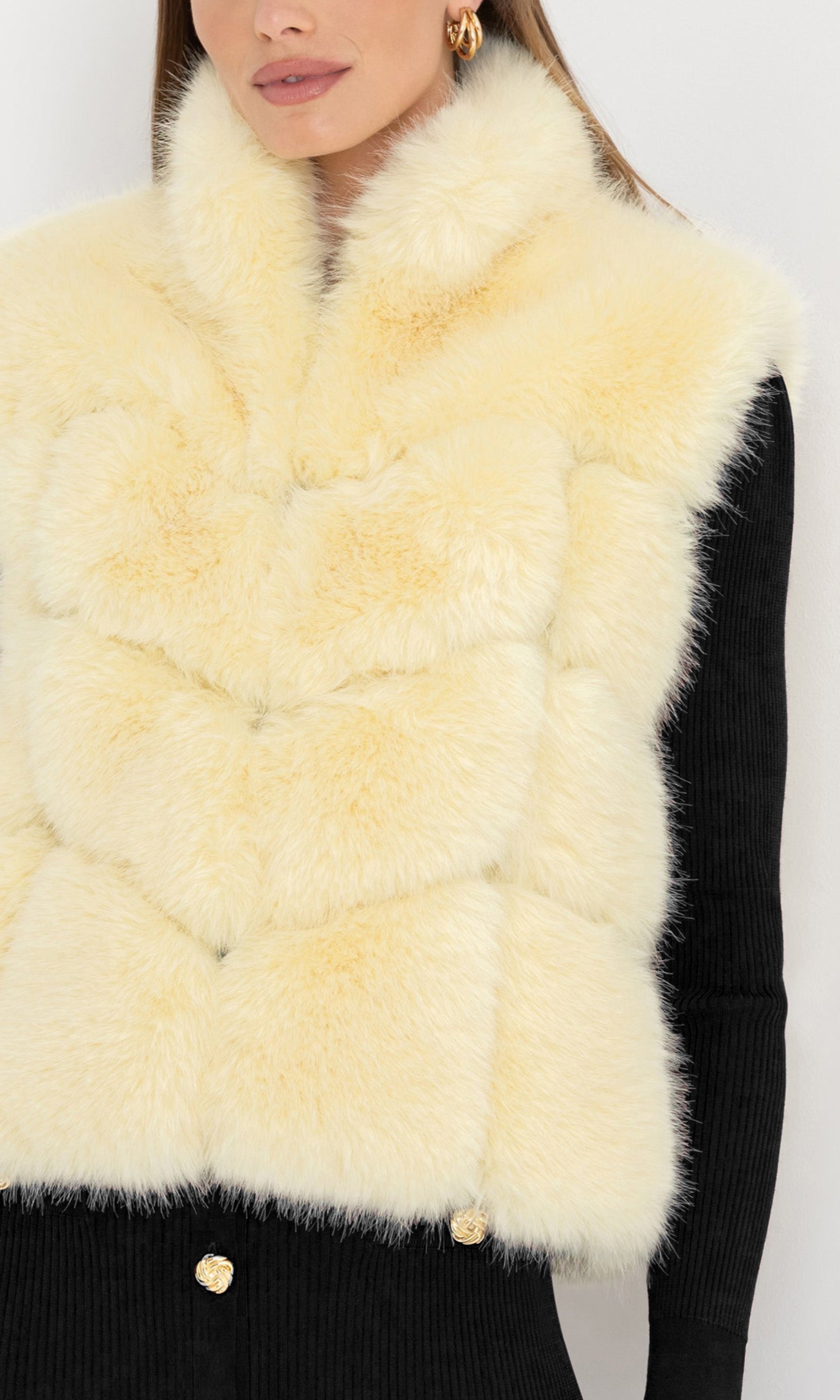Close-up front view of Rosario Faux Fur Vest in cream, highlighting the plush texture and soft sheen.